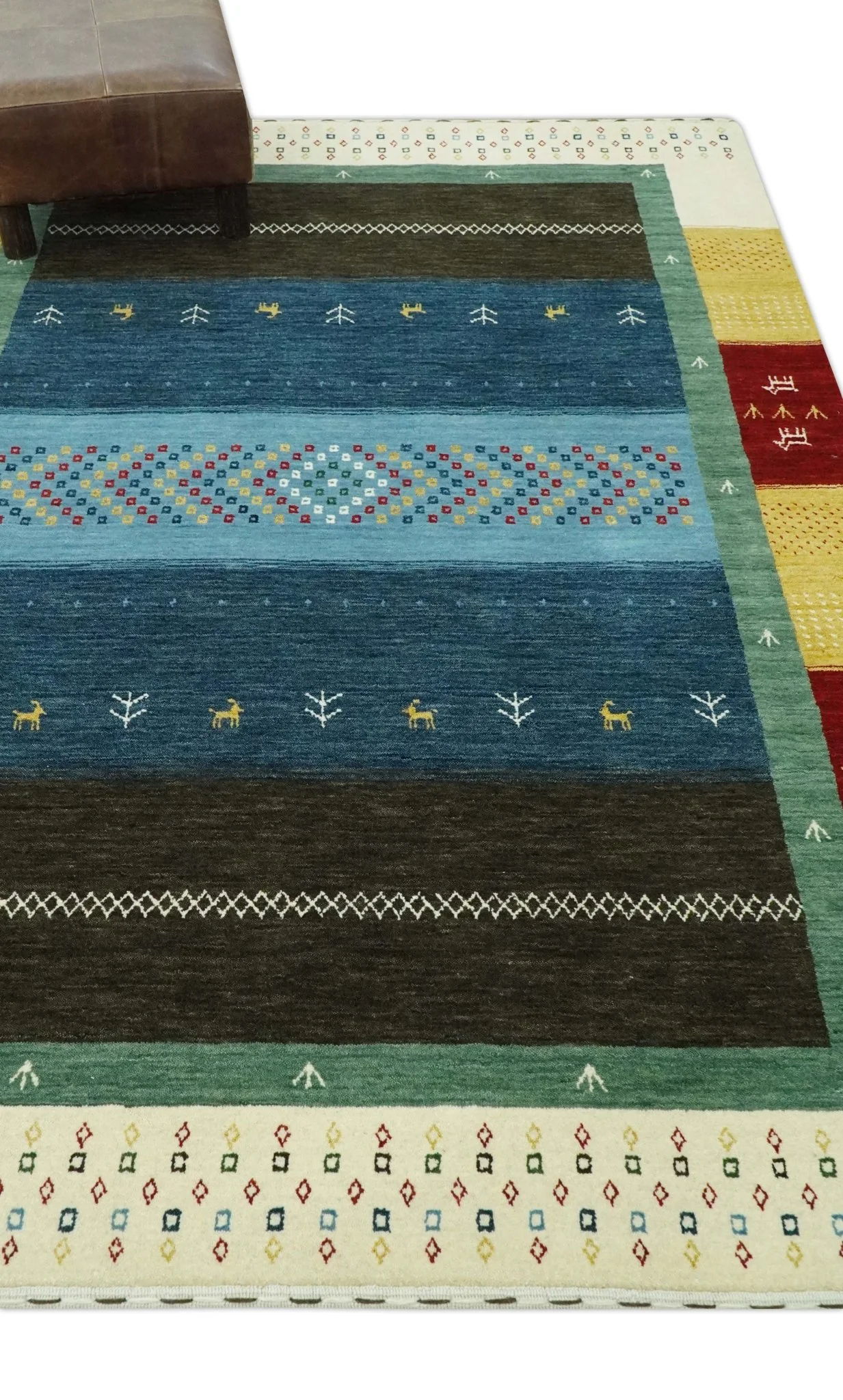 Tribal Gabbeh Blue, Gold, Maroon and Ivory Stripes design Traditional Wool Area Rug - Image 3