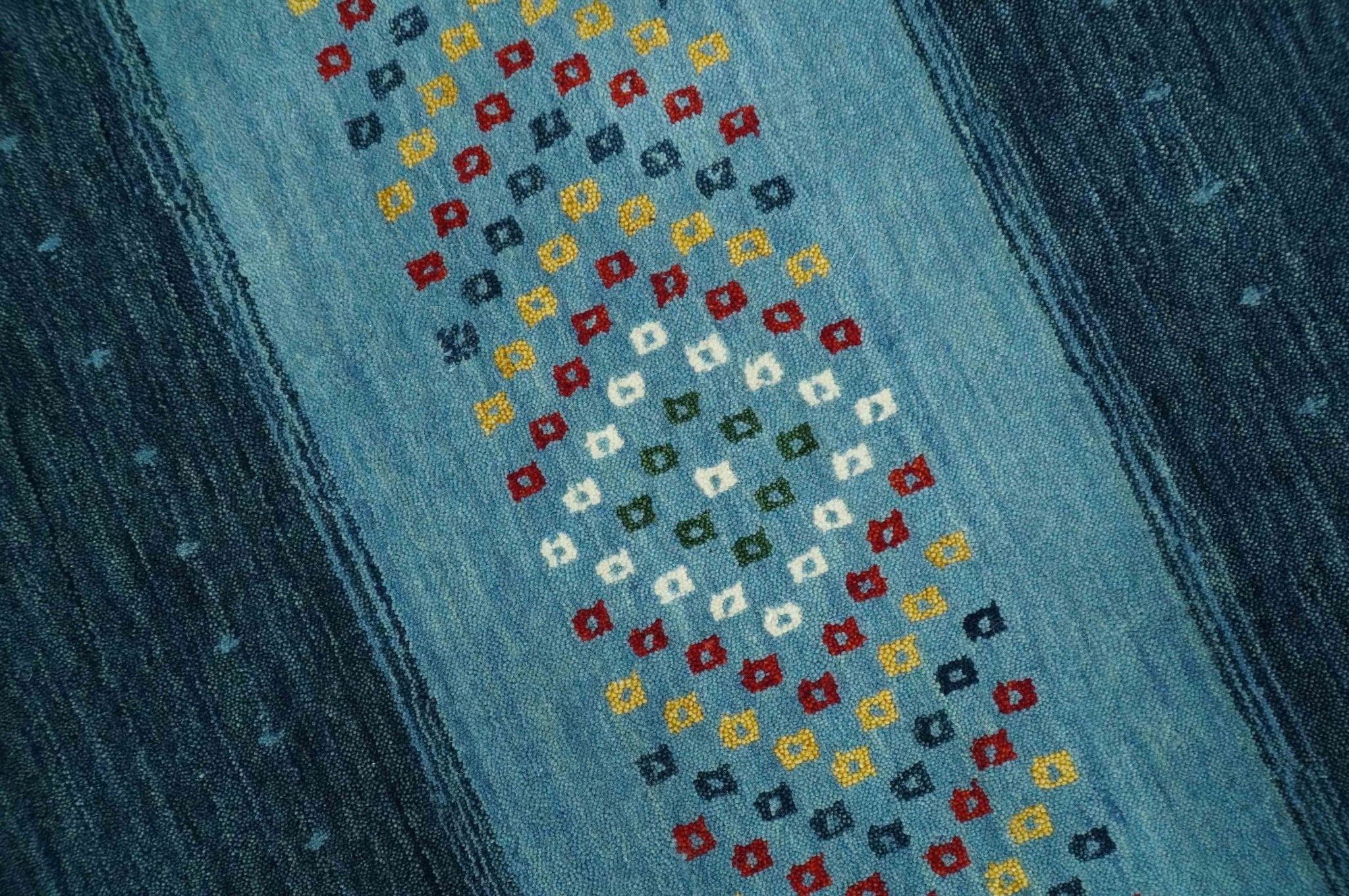 Tribal Gabbeh Blue, Gold, Maroon and Ivory Stripes design Traditional Wool Area Rug - Image 4