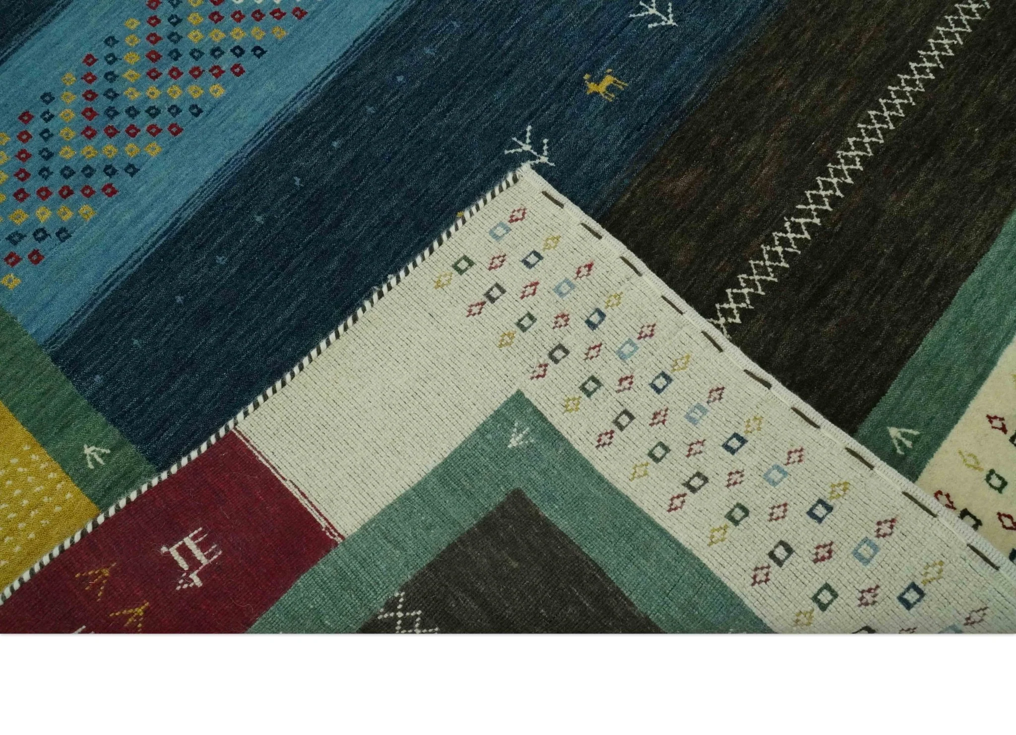 Tribal Gabbeh Blue, Gold, Maroon and Ivory Stripes design Traditional Wool Area Rug - Image 6