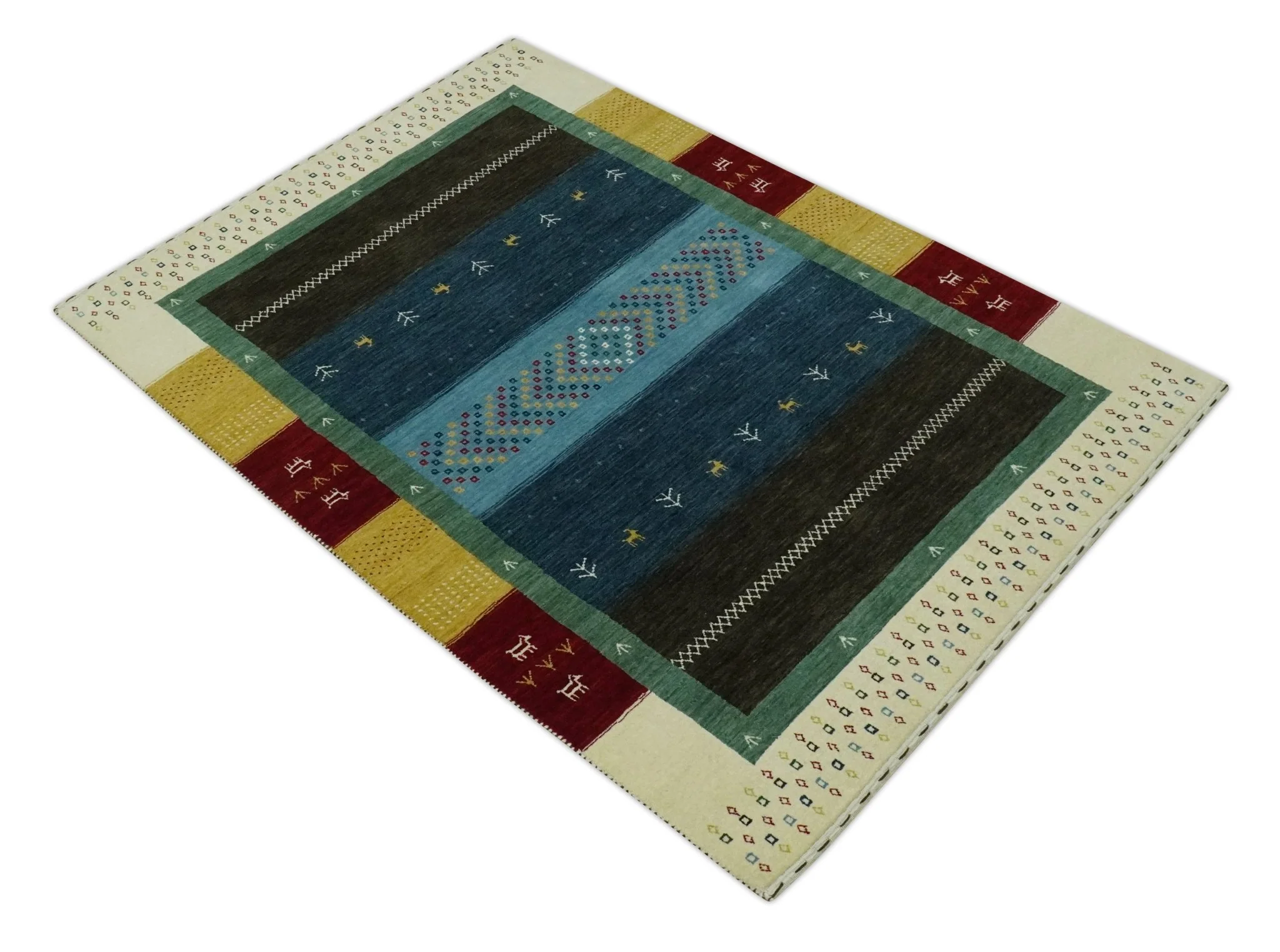 Tribal Gabbeh Blue, Gold, Maroon and Ivory Stripes design Traditional Wool Area Rug - Image 9