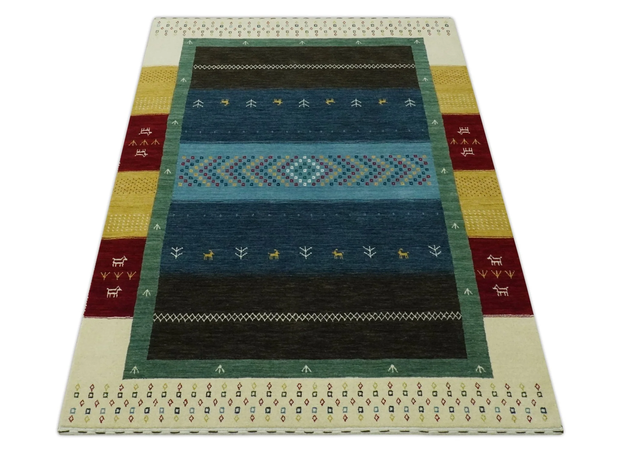 Tribal Gabbeh Blue, Gold, Maroon and Ivory Stripes design Traditional Hand loom 4.6x7 Wool Area Rug - Image 10