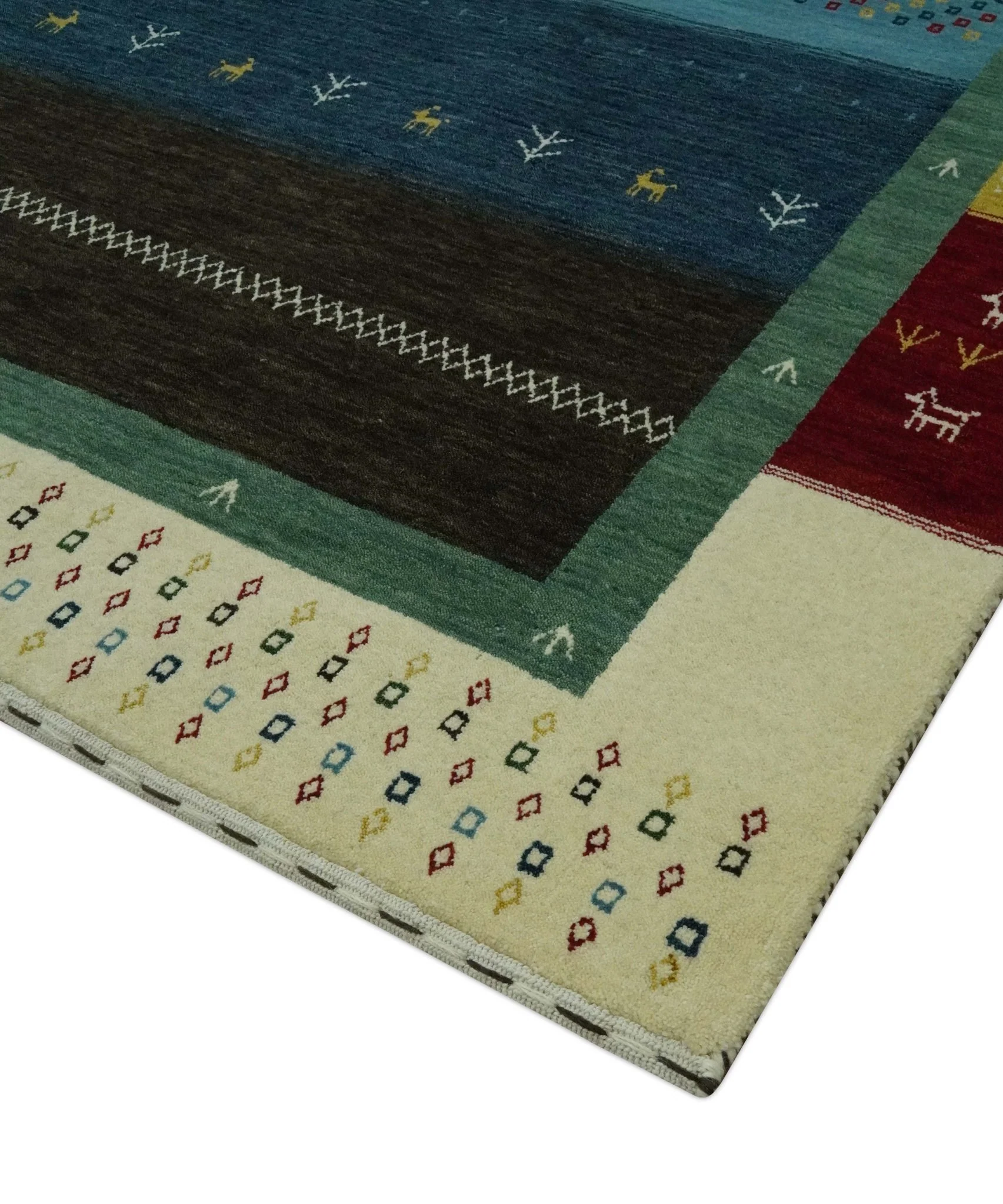 Tribal Gabbeh Blue, Gold, Maroon and Ivory Stripes design Traditional Hand loom 4.6x7 Wool Area Rug - Image 5