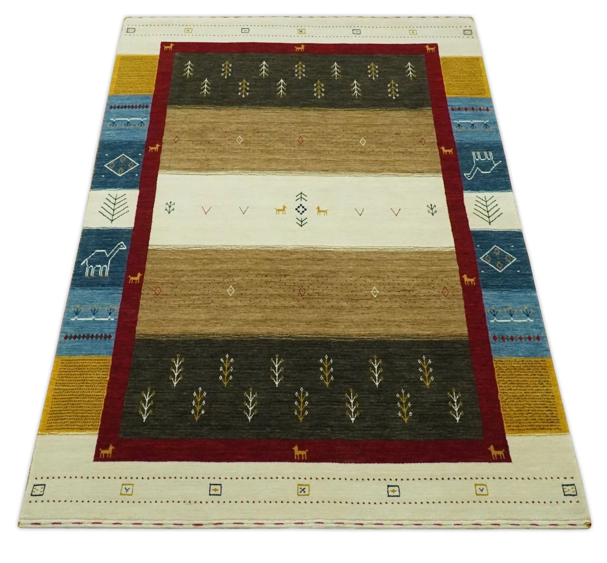 Tribal Gabbeh Gold, Ivory, Blue and Charcoal Stripes design Custom Made Wool Rug - Image 10