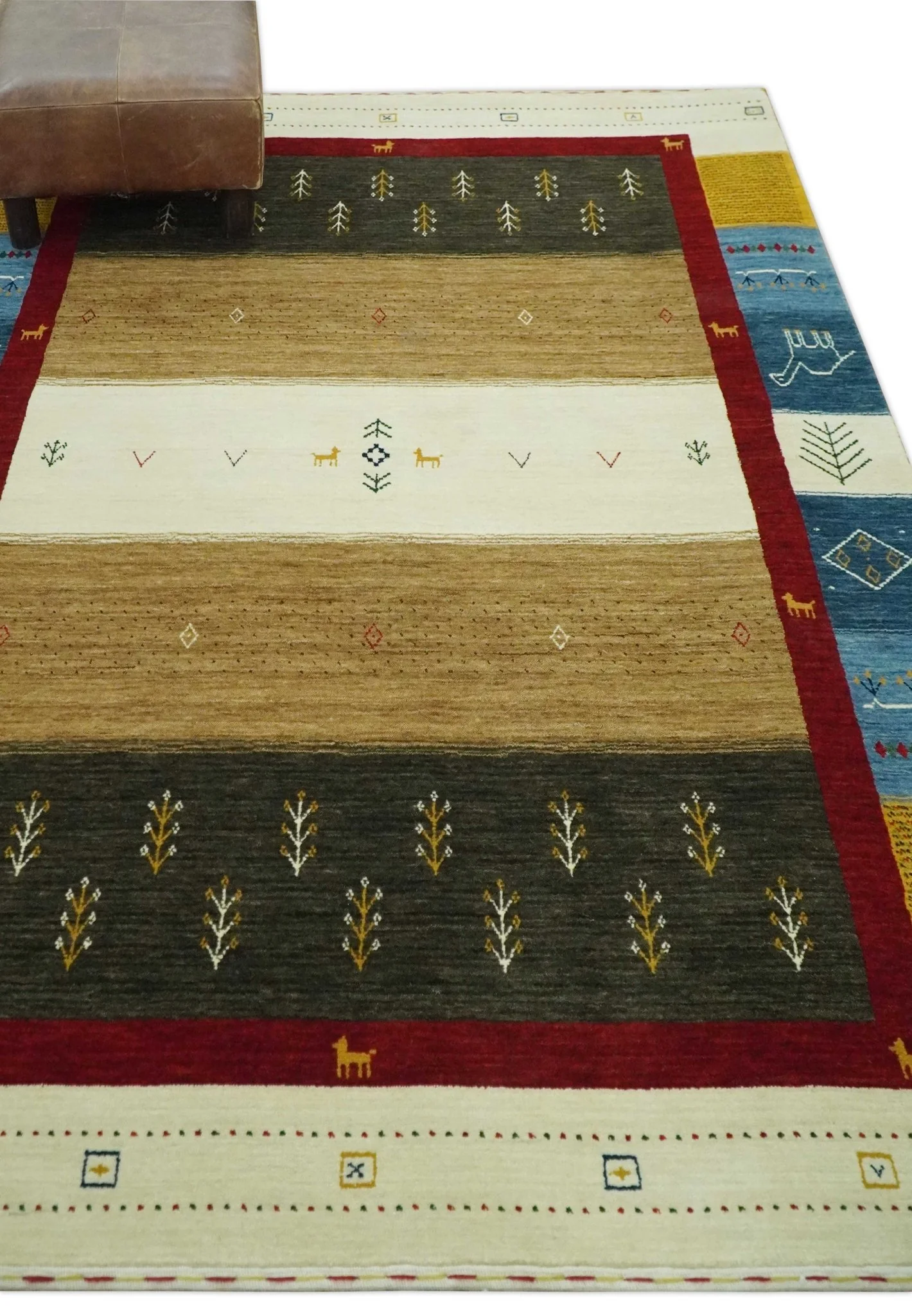 Tribal Gabbeh Gold, Ivory, Blue and Charcoal Stripes design Custom Made Wool Rug - Image 3