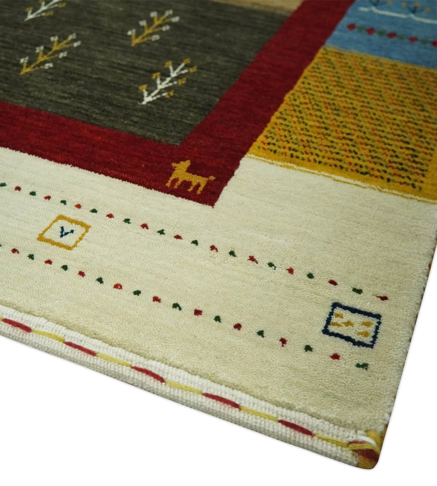 Tribal Gabbeh Gold, Ivory, Blue and Charcoal Stripes design Custom Made Wool Rug - Image 5