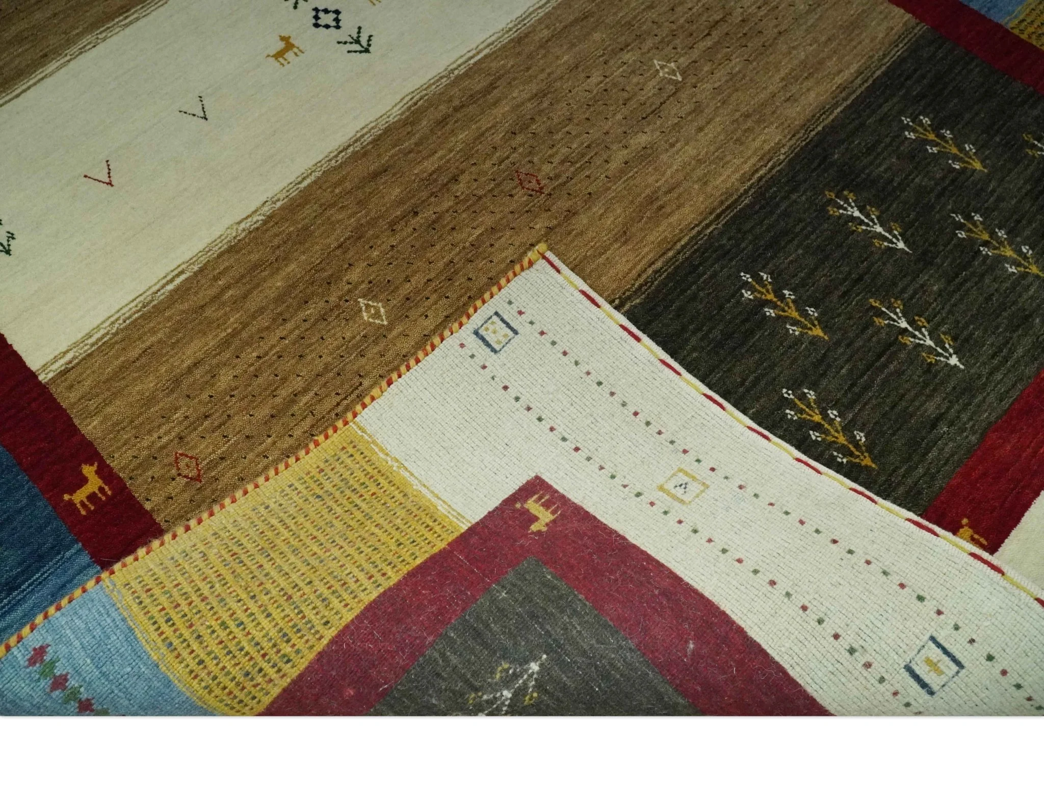 Tribal Gabbeh Gold, Ivory, Blue and Charcoal Stripes design Custom Made Wool Rug - Image 6