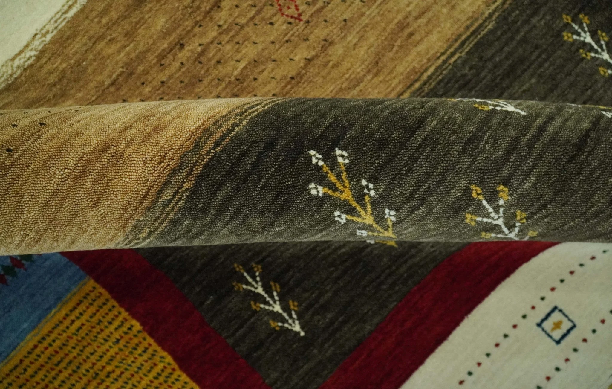 Tribal Gabbeh Gold, Ivory, Blue and Charcoal Stripes design Custom Made Wool Rug - Image 7