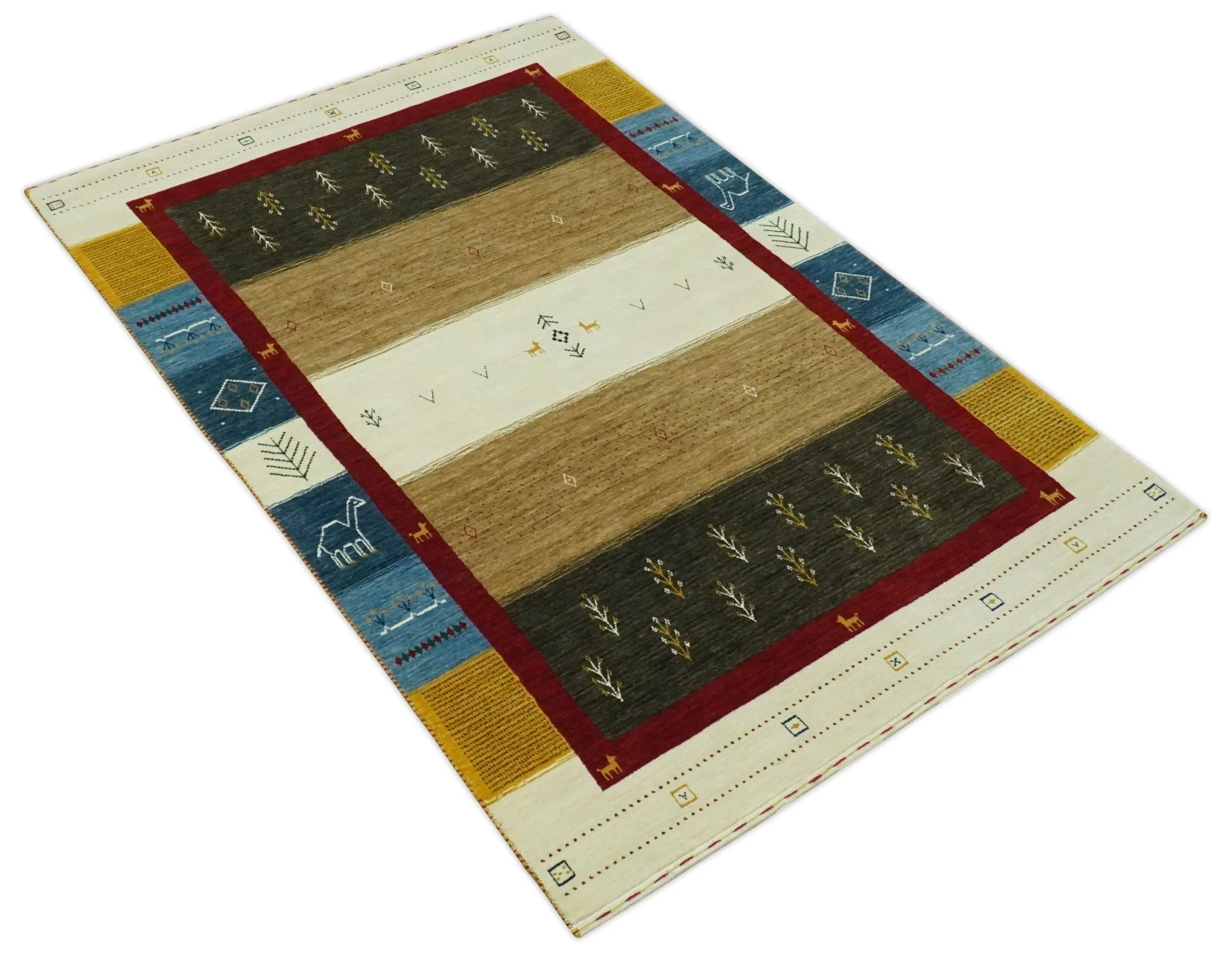 Tribal Gabbeh Gold, Ivory, Blue and Charcoal Stripes design Custom Made Wool Rug - Image 9