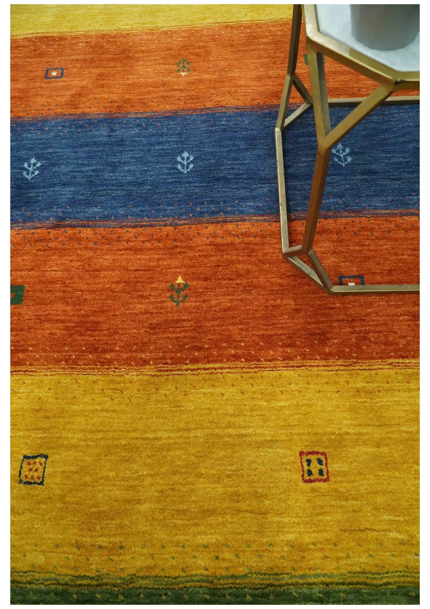 Tribal Gabbeh Green, Gold, Rust and Blue Stripes Design Multi Size Wool area Rug - Image 2