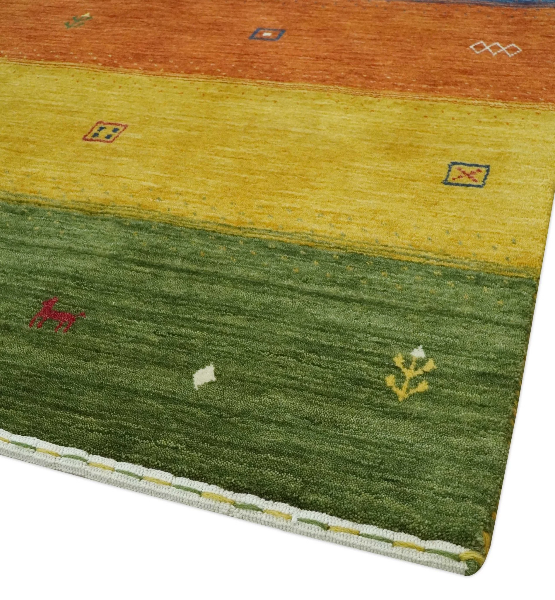 Tribal Gabbeh Green, Gold, Rust and Blue Stripes Design Multi Size Wool area Rug - Image 5