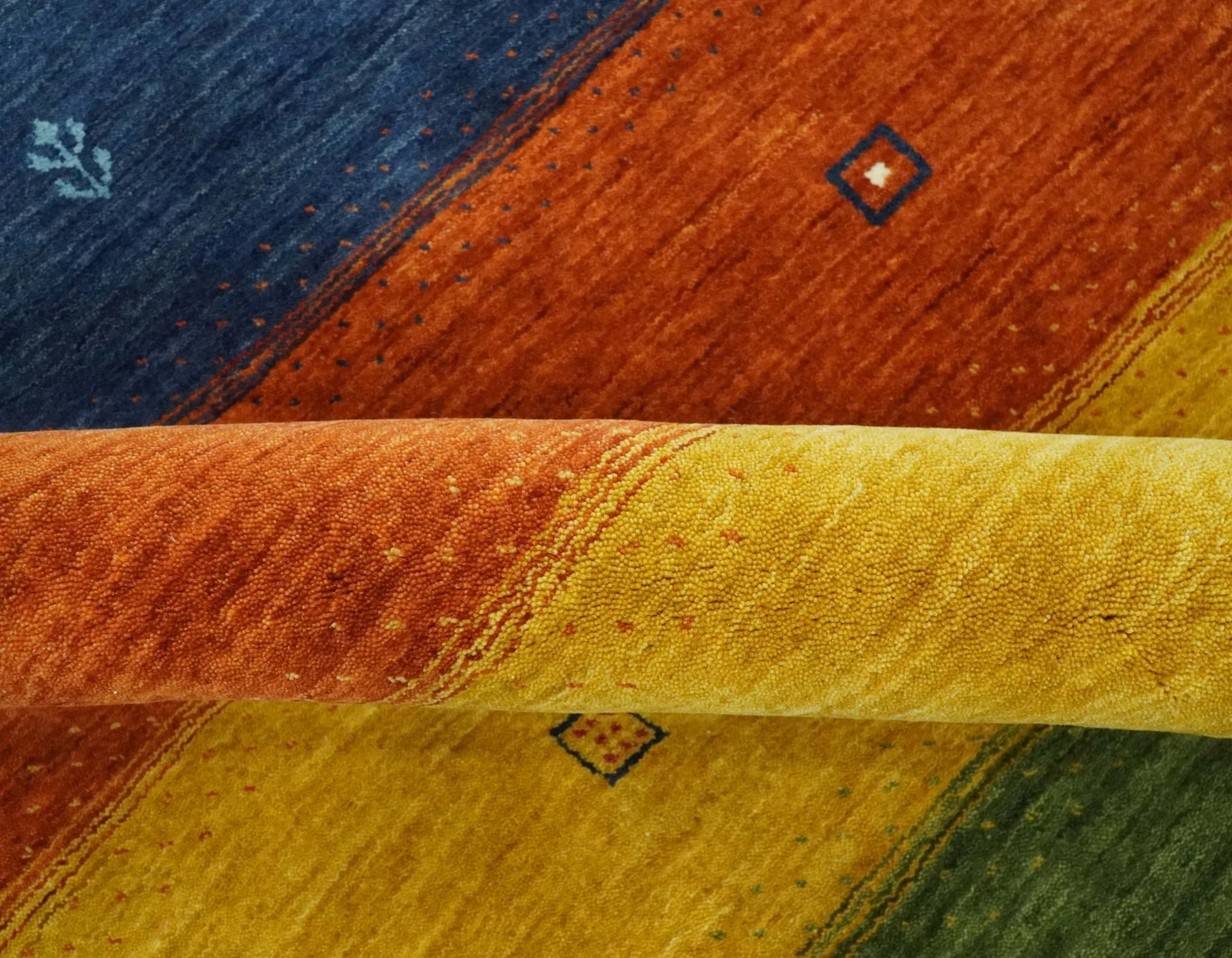 Tribal Gabbeh Green, Gold, Rust and Blue Stripes Design Multi Size Wool area Rug - Image 6