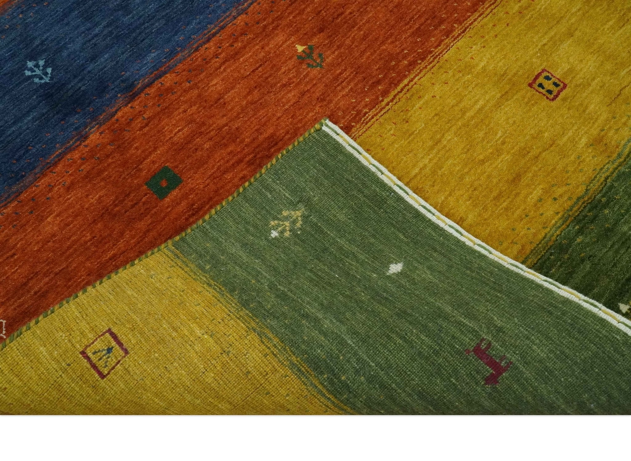 Tribal Gabbeh Green, Gold, Rust and Blue Stripes Design Multi Size Wool area Rug - Image 7