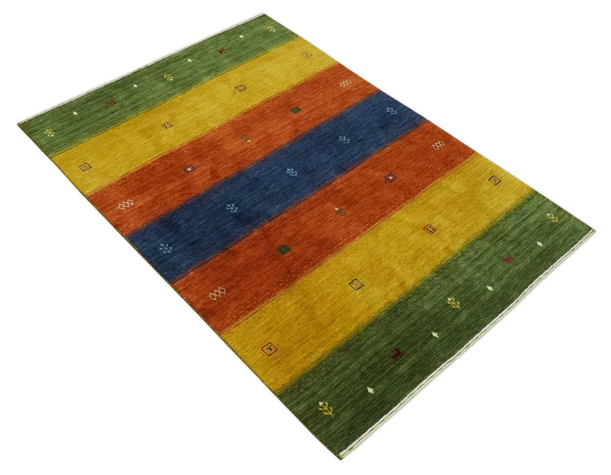 Tribal Gabbeh Green, Gold, Rust and Blue Stripes Design Multi Size Wool area Rug - Image 9