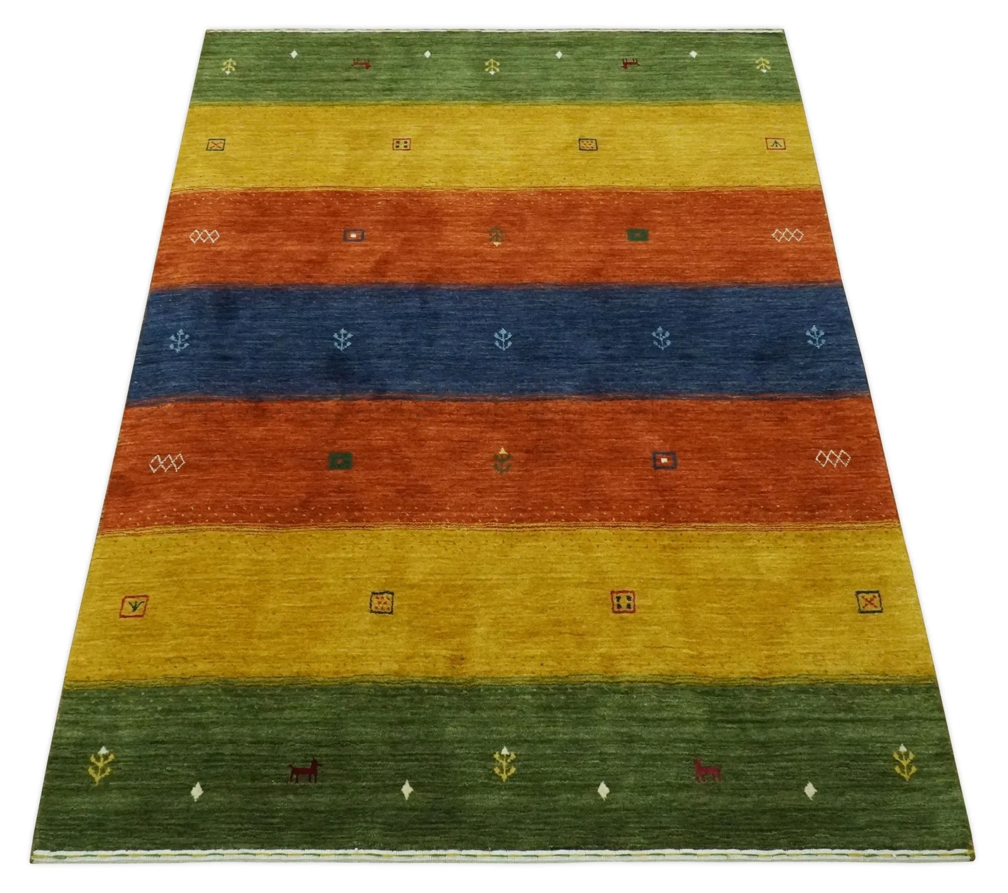 Tribal Gabbeh Green, Gold, Rust and Blue Stripes Design 4.6x7 Wool area Rug - Image 10