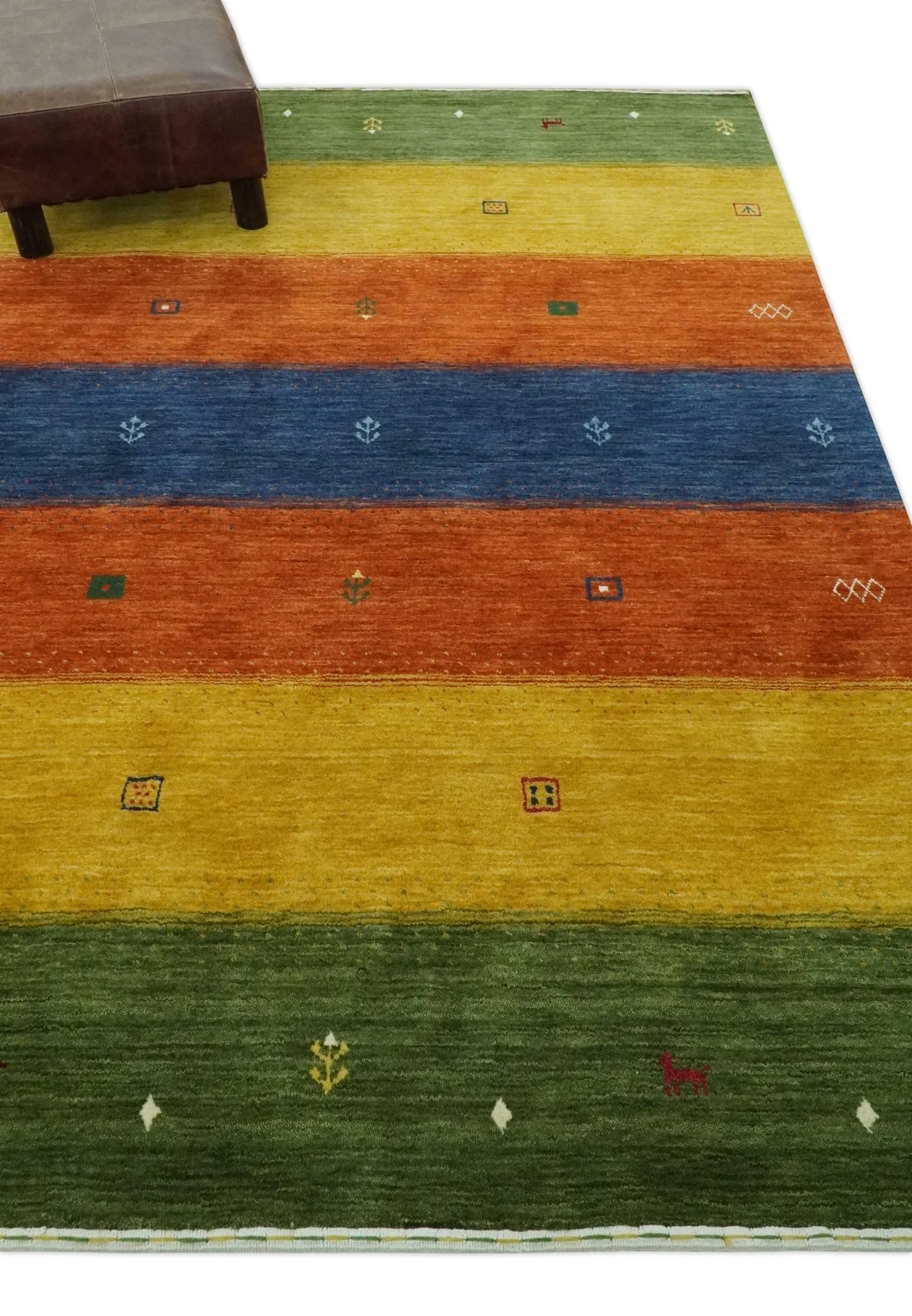 Tribal Gabbeh Green, Gold, Rust and Blue Stripes Design 4.6x7 Wool area Rug - Image 3