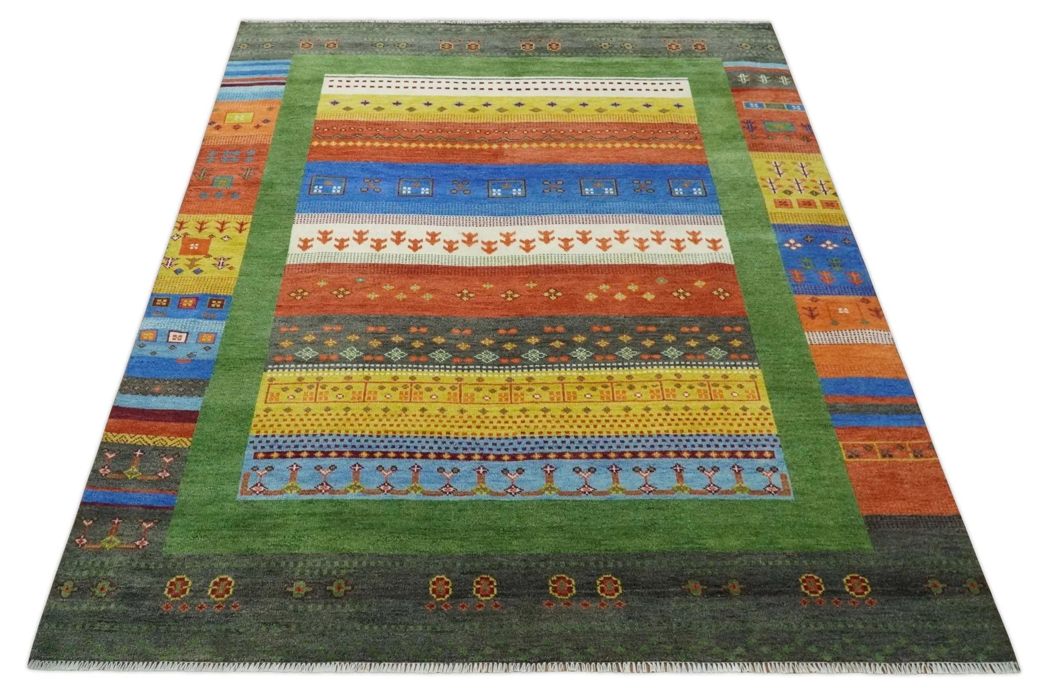 Tribal Gabbeh Green, Rust, Blue and Gold Hand knotted Antique Style Traditional Wool Area Rug - Image 10
