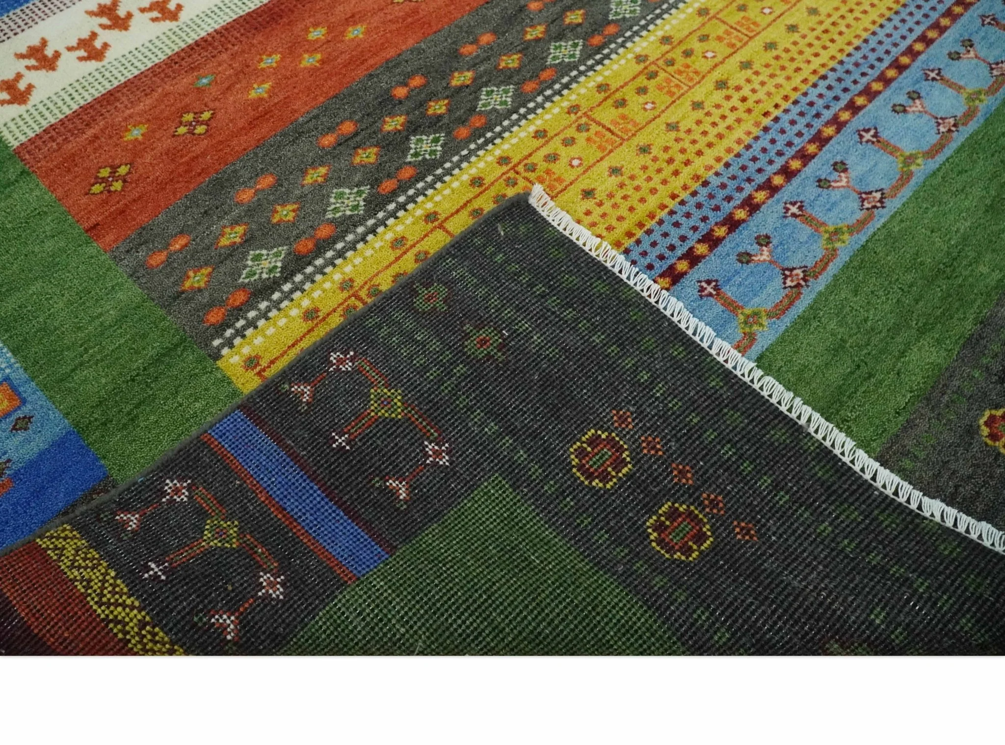 Tribal Gabbeh Green, Rust, Blue and Gold Hand knotted Antique Style Traditional Wool Area Rug - Image 6