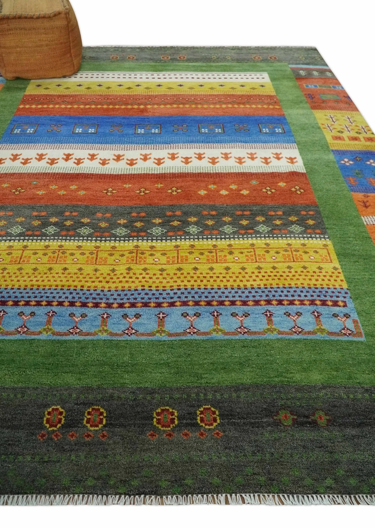 8x10 Tribal Gabbeh Green, Rust, Blue and Gold Hand knotted  Traditional Wool Area Rug - Image 3