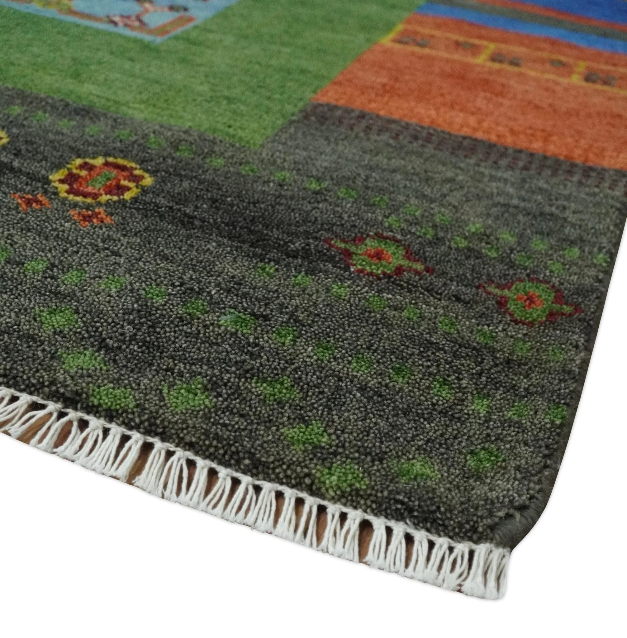 8x10 Tribal Gabbeh Green, Rust, Blue and Gold Hand knotted  Traditional Wool Area Rug - Image 5