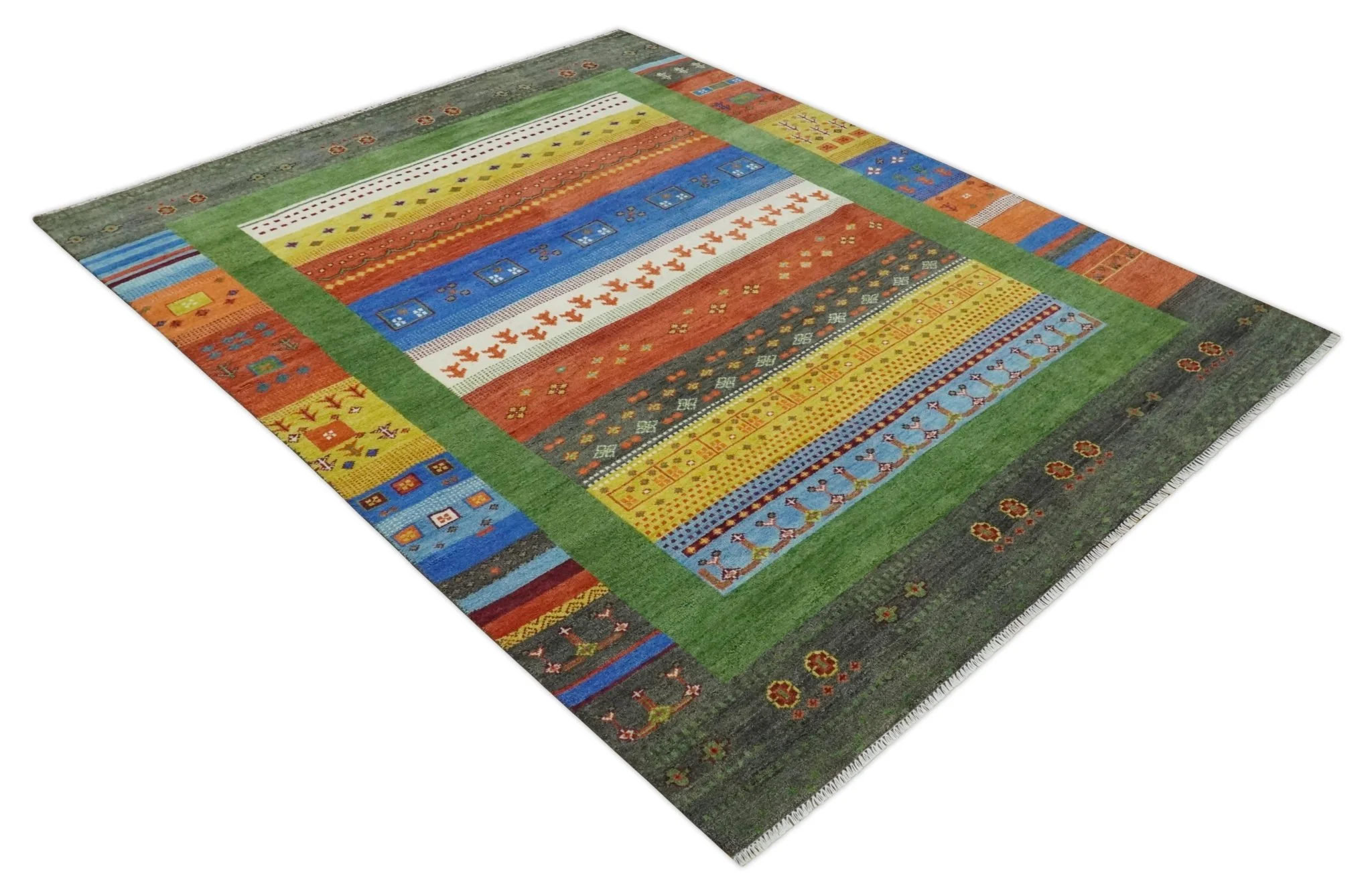 8x10 Tribal Gabbeh Green, Rust, Blue and Gold Hand knotted  Traditional Wool Area Rug - Image 9