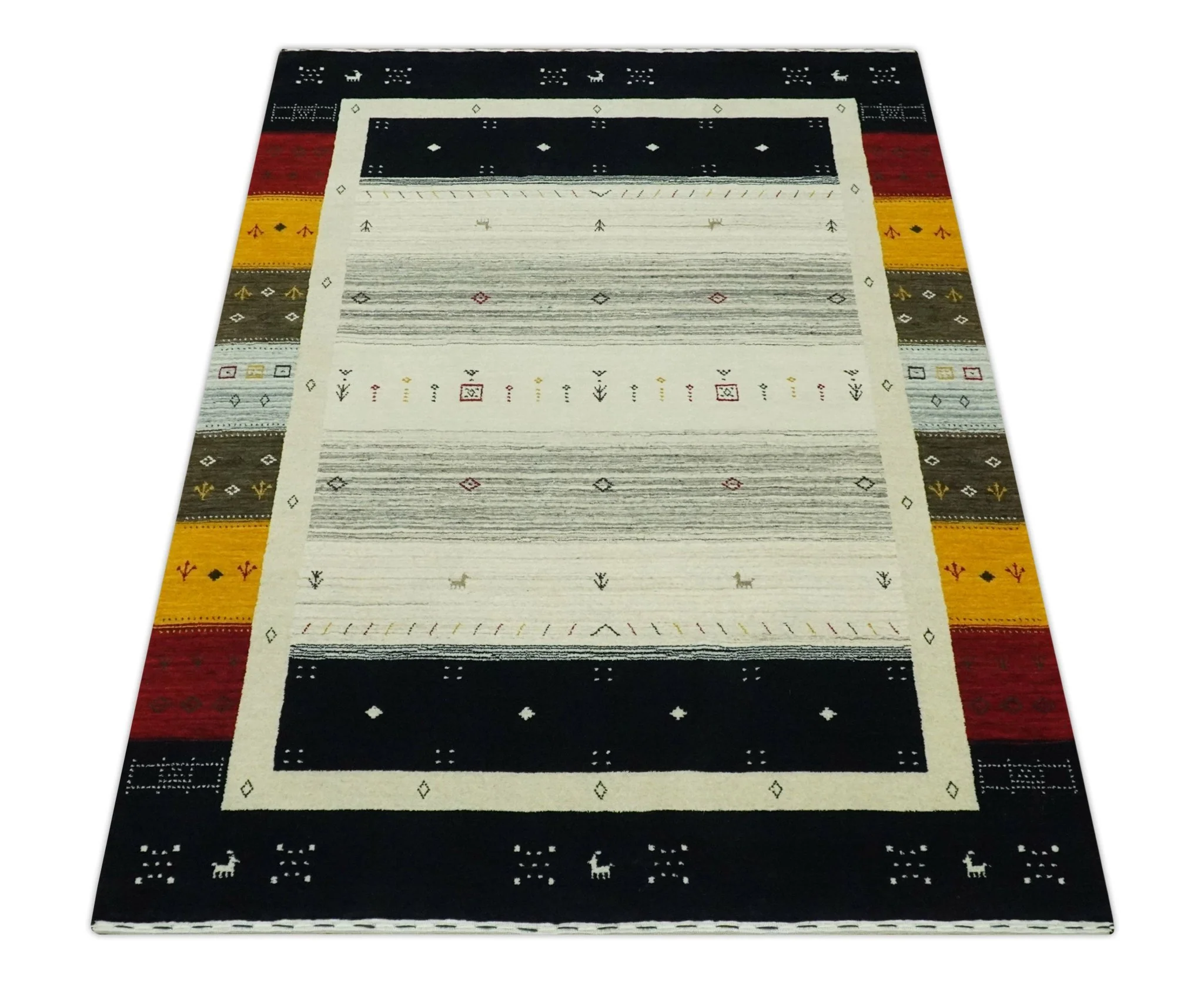 Custom Made Tribal Gabbeh Ivory, Black, Gold and Maroon Stripes design Traditional Wool Area Rug - Image 10