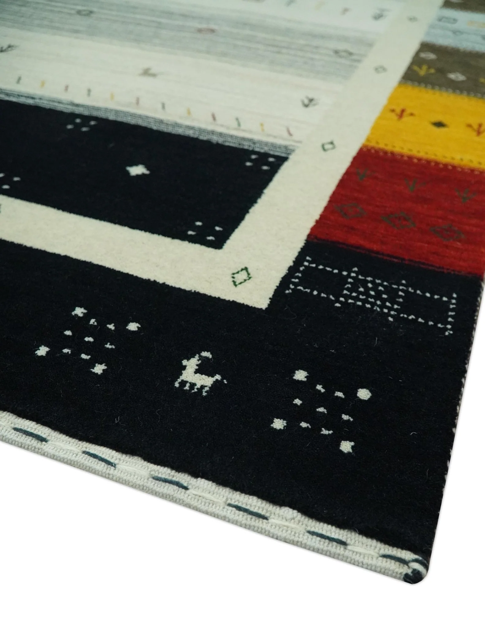 Custom Made Tribal Gabbeh Ivory, Black, Gold and Maroon Stripes design Traditional Wool Area Rug - Image 5