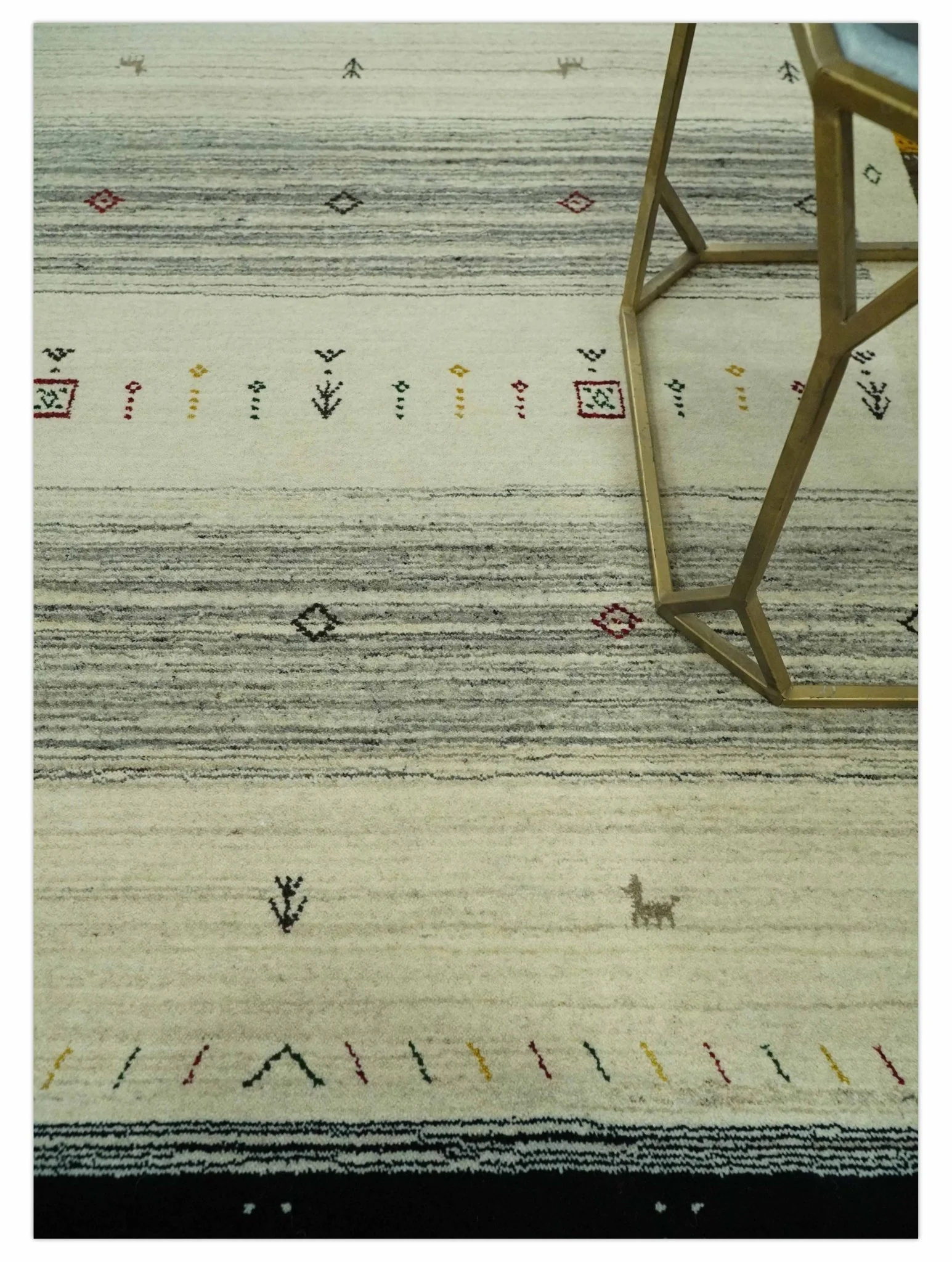 Tribal Gabbeh Ivory, Black, Gold and Maroon Stripes design Traditional Hand loom 4.6x7 Wool Area Rug - Image 2