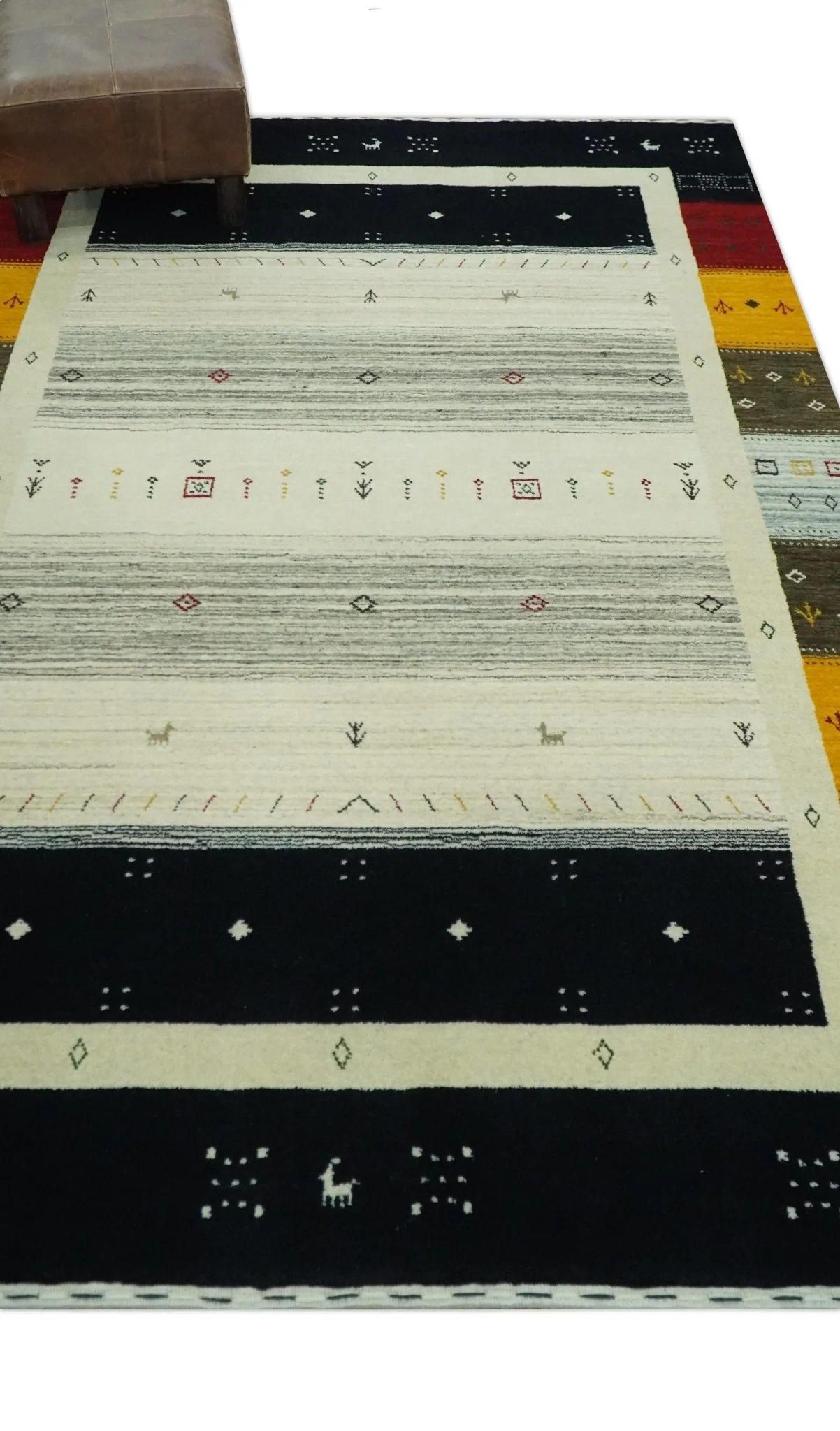 Tribal Gabbeh Ivory, Black, Gold and Maroon Stripes design Traditional Hand loom 4.6x7 Wool Area Rug - Image 3