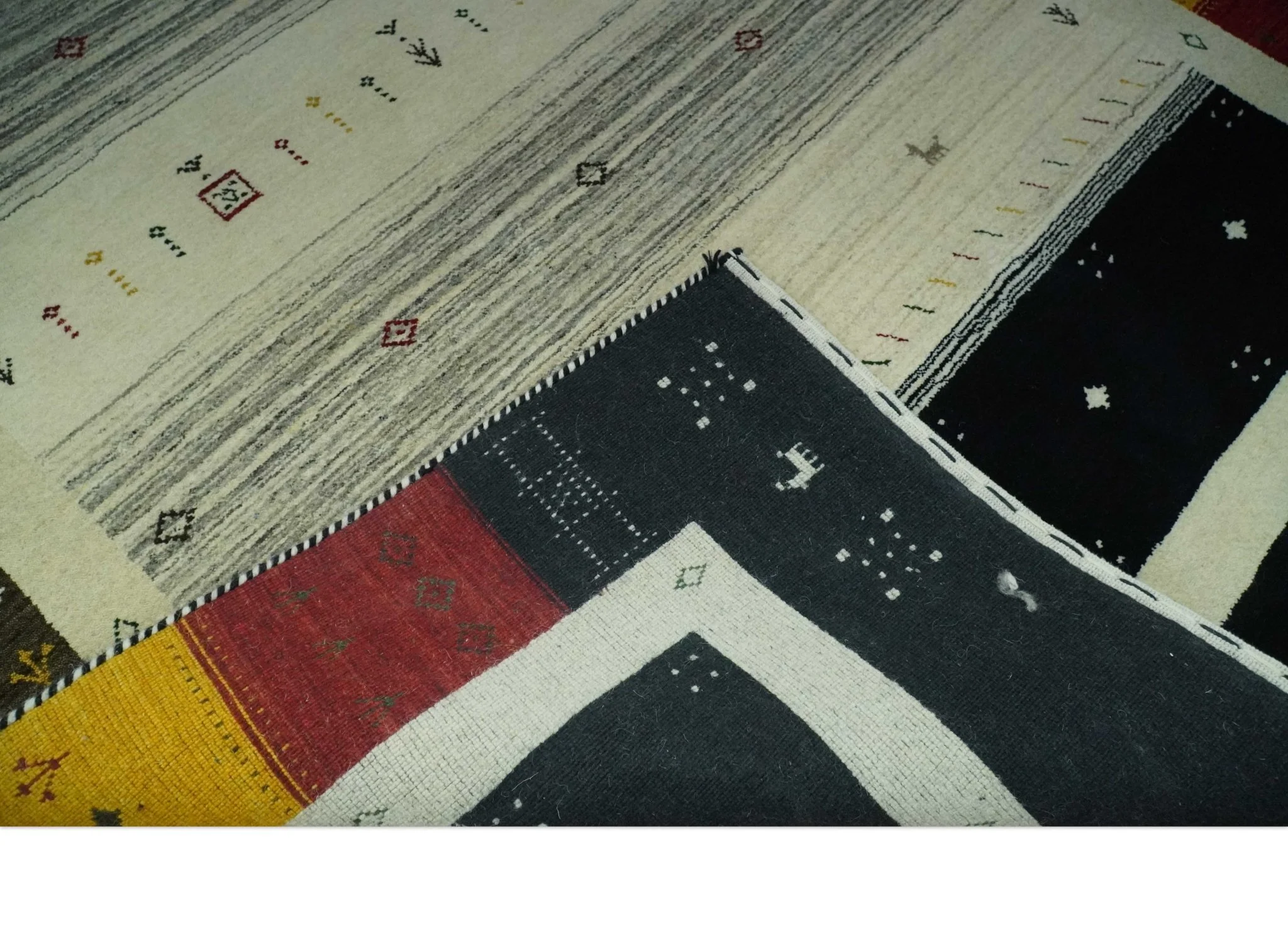 Tribal Gabbeh Ivory, Black, Gold and Maroon Stripes design Traditional Hand loom 4.6x7 Wool Area Rug - Image 7