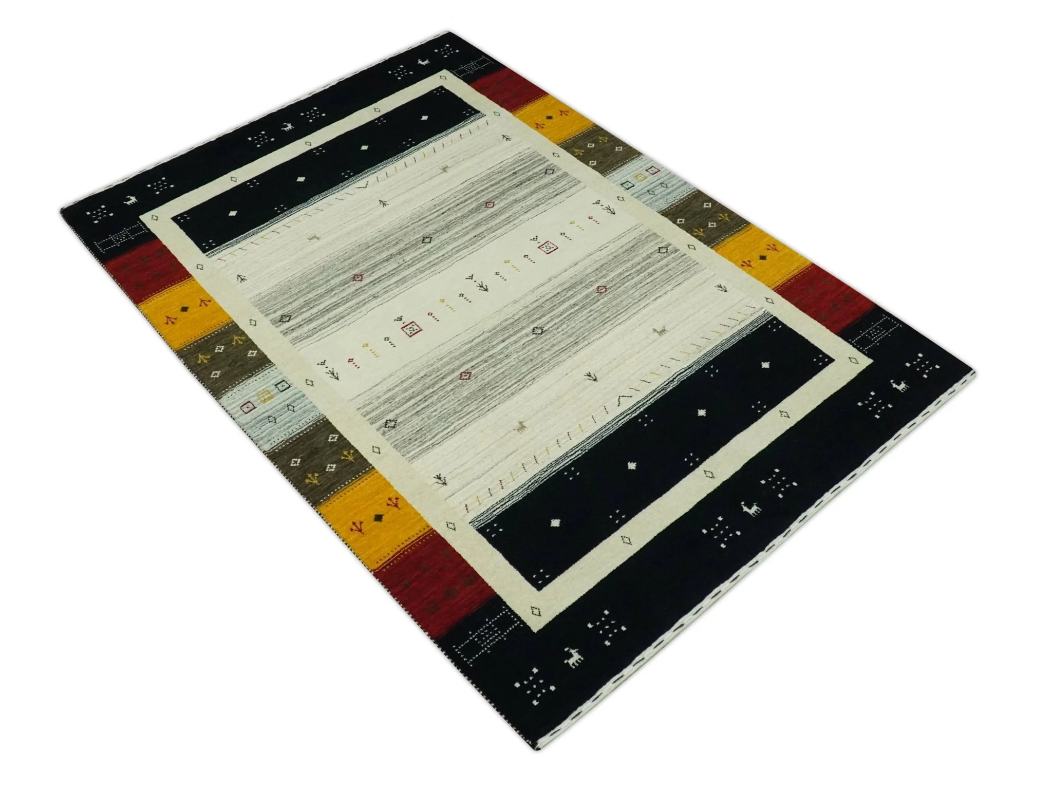 Tribal Gabbeh Ivory, Black, Gold and Maroon Stripes design Traditional Hand loom 4.6x7 Wool Area Rug - Image 9