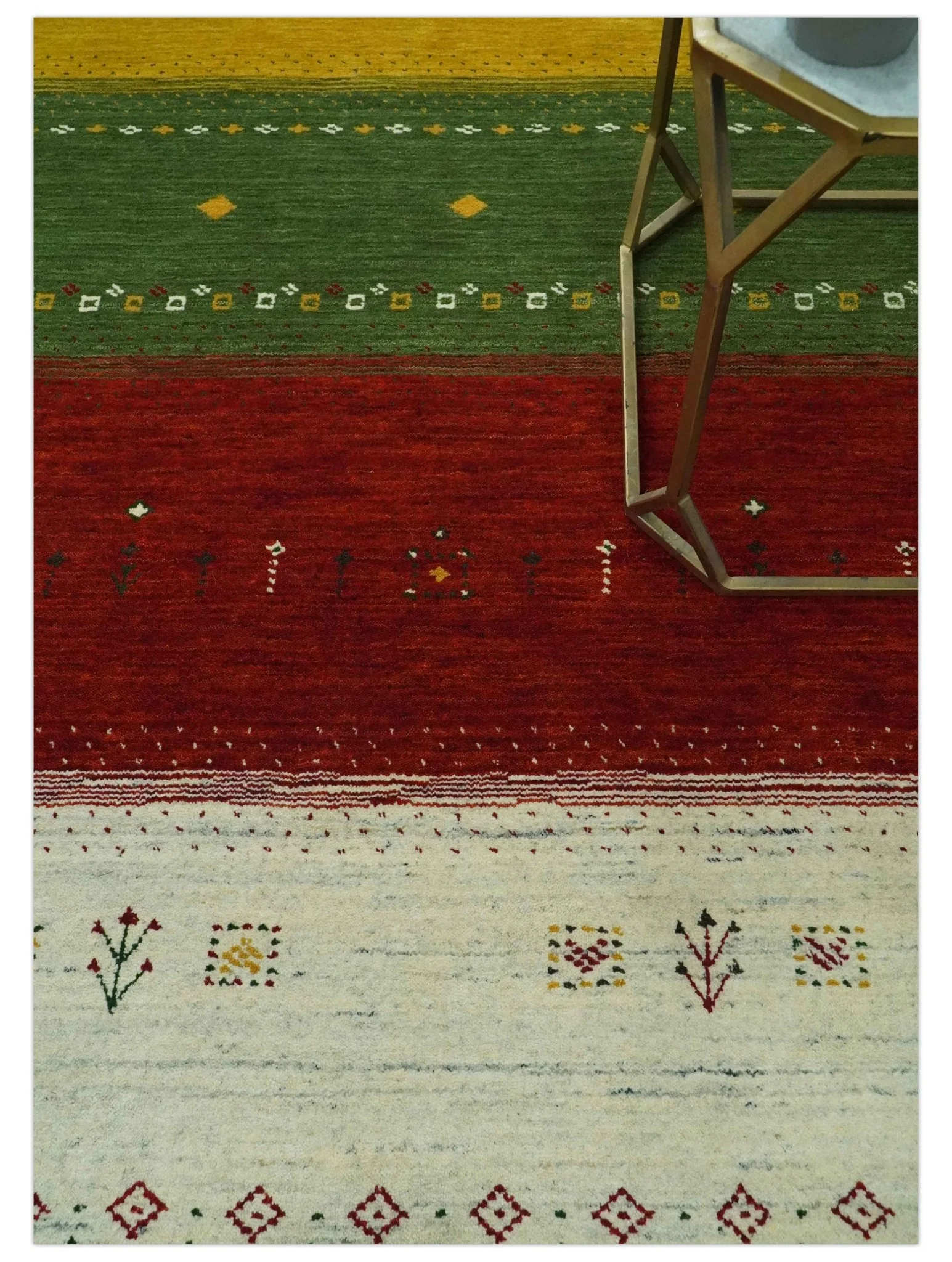 Custom Made Tribal Gabbeh Ivory, Gold, Green and Maroon Geometrical Stripes Design Wool area Rug - Image 2