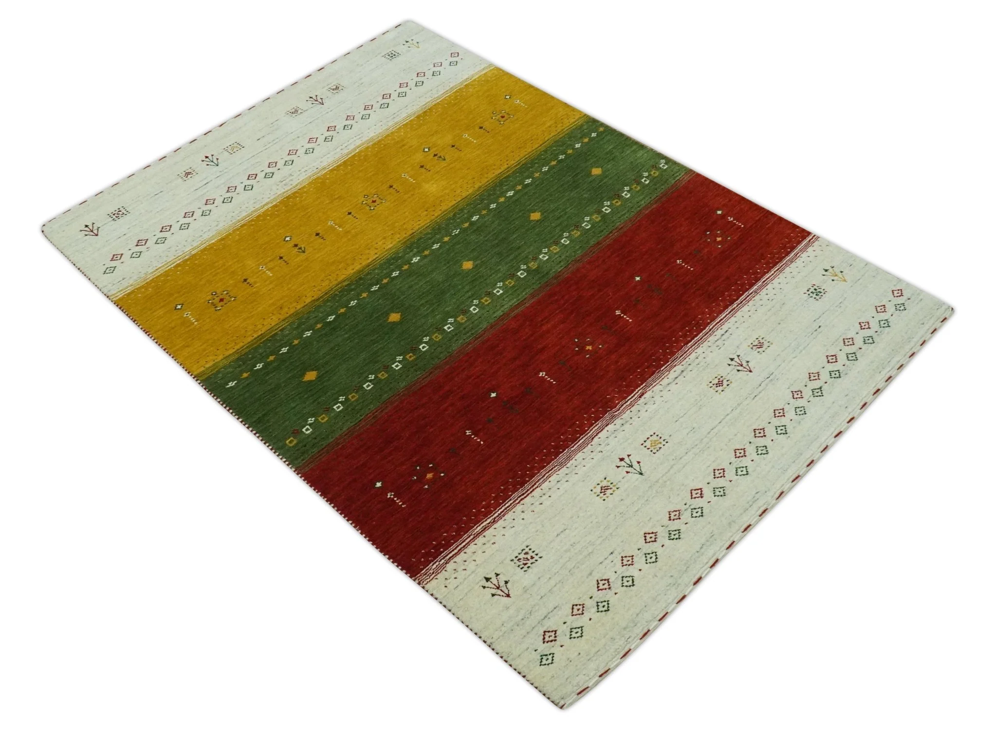 Tribal Gabbeh Ivory, Gold, Green and Maroon Geometrical Stripes Design 4.6x6.6 Hand loom wool area Rug - Image 10