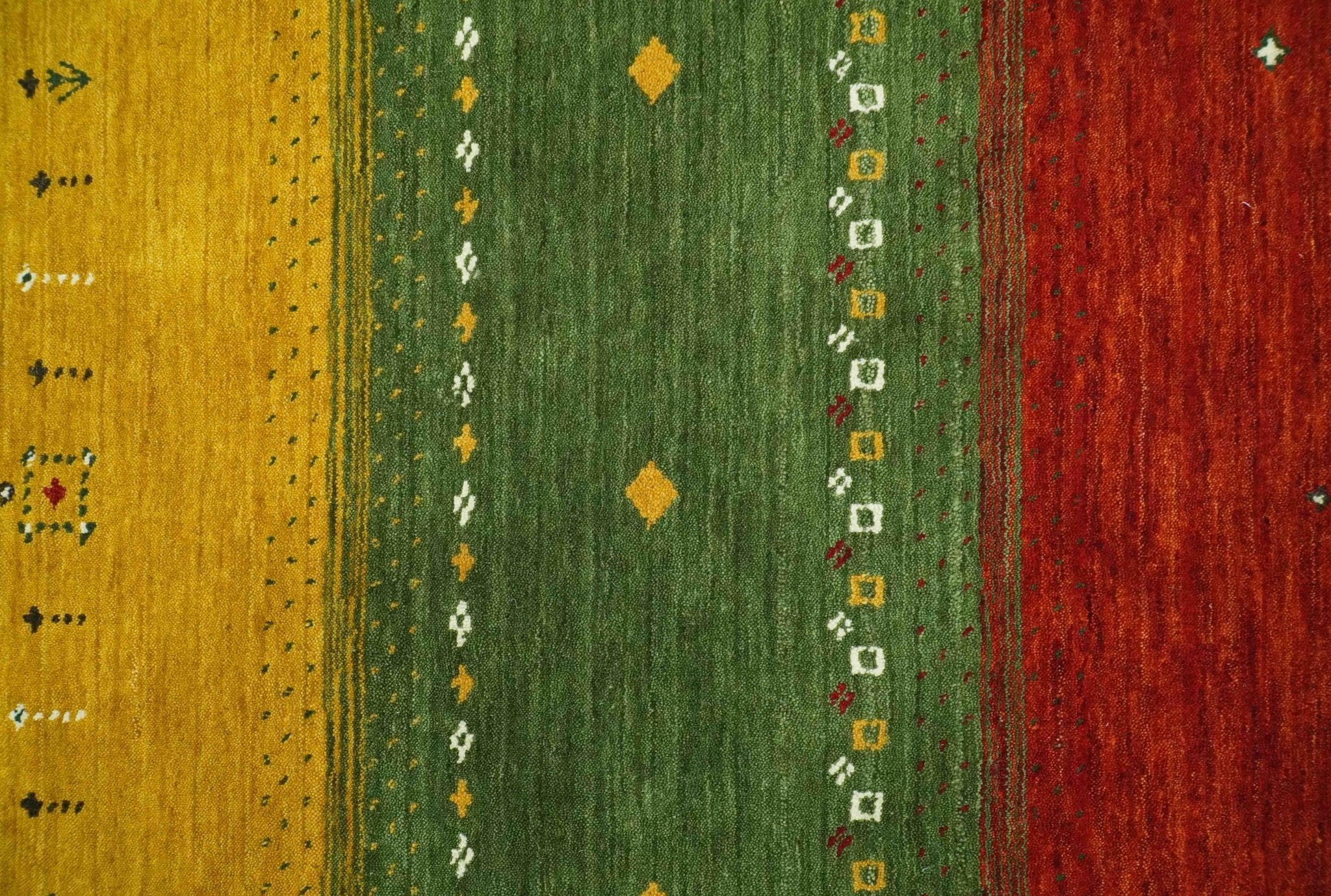 Tribal Gabbeh Ivory, Gold, Green and Maroon Geometrical Stripes Design 4.6x6.6 Hand loom wool area Rug - Image 3