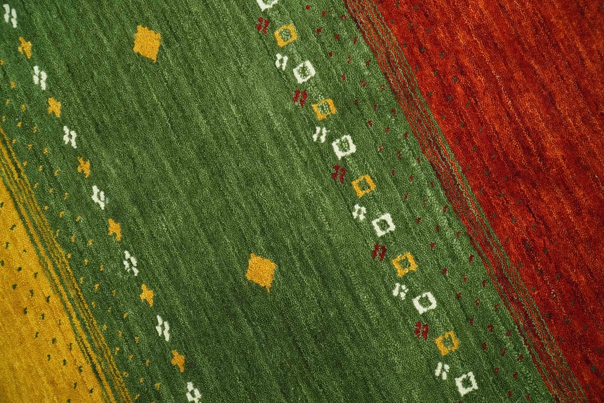 Tribal Gabbeh Ivory, Gold, Green and Maroon Geometrical Stripes Design 4.6x6.6 Hand loom wool area Rug - Image 4