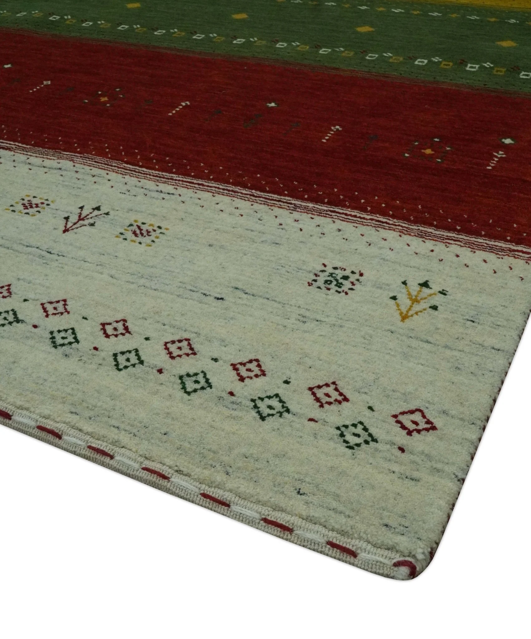 Tribal Gabbeh Ivory, Gold, Green and Maroon Geometrical Stripes Design 4.6x6.6 Hand loom wool area Rug - Image 5