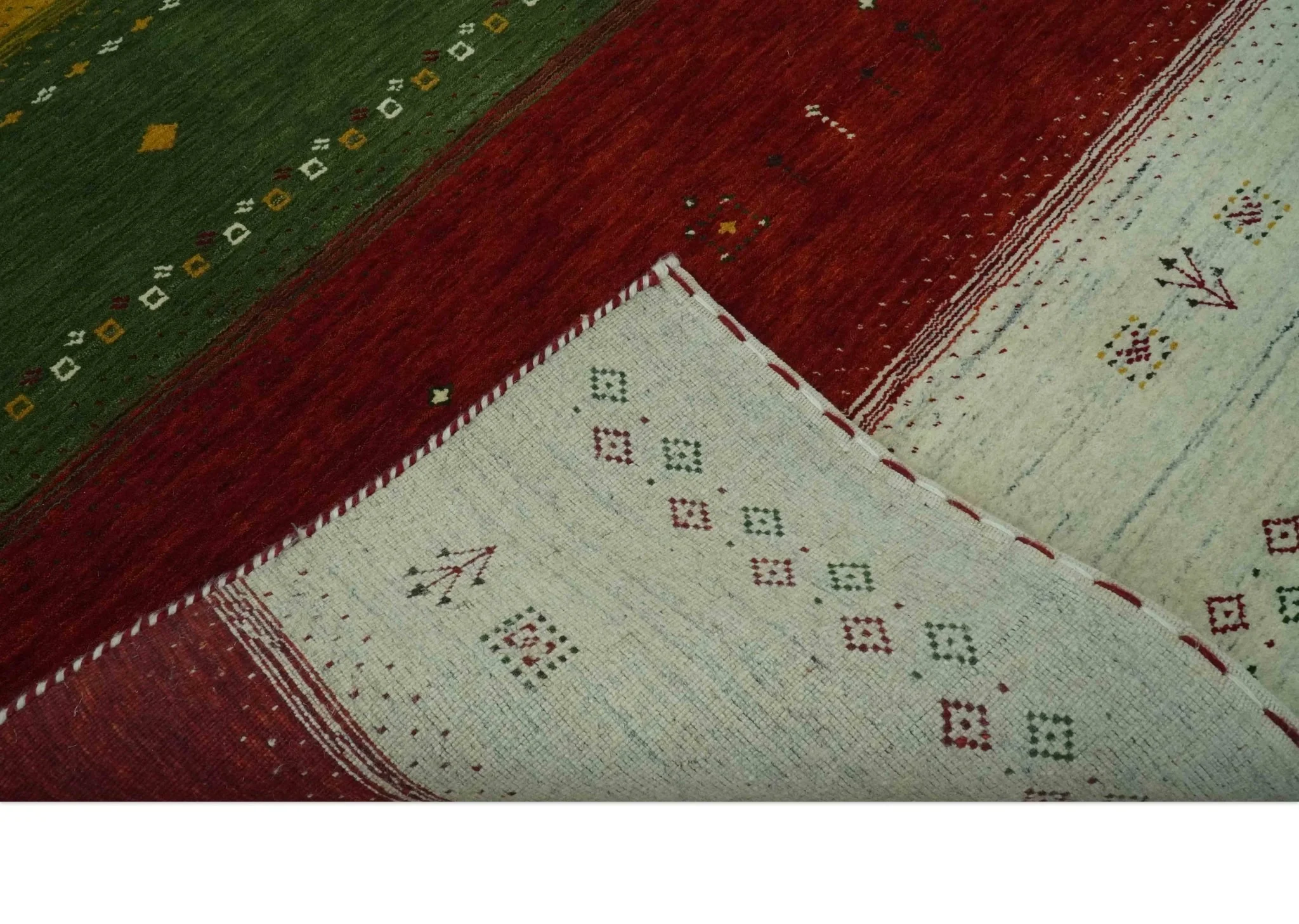 Tribal Gabbeh Ivory, Gold, Green and Maroon Geometrical Stripes Design 4.6x6.6 Hand loom wool area Rug - Image 7