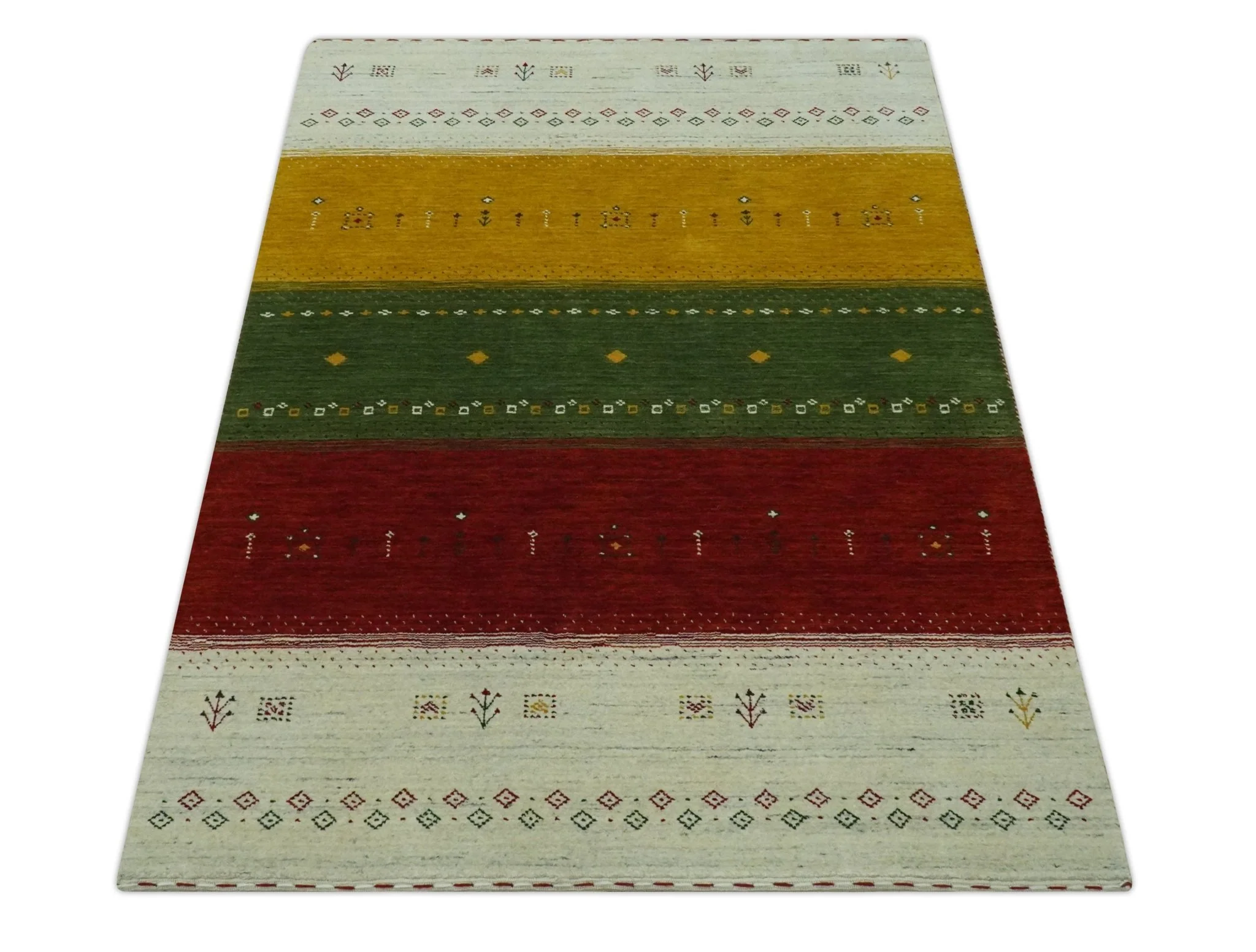 Tribal Gabbeh Ivory, Gold, Green and Maroon Geometrical Stripes Design 4.6x6.6 Hand loom wool area Rug - Image 9