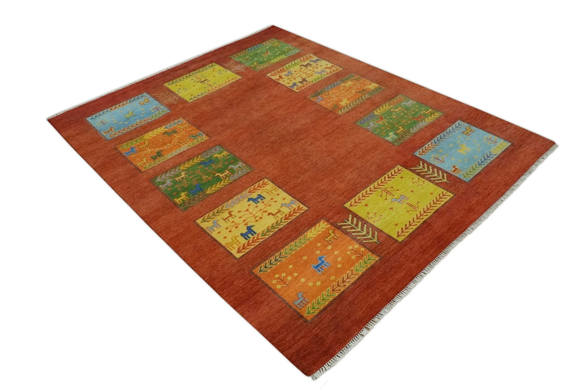 Tribal Gabbeh Rust, Green, Mustard and Aqua 8x10 Hand knotted Wool Area Rug - Image 10
