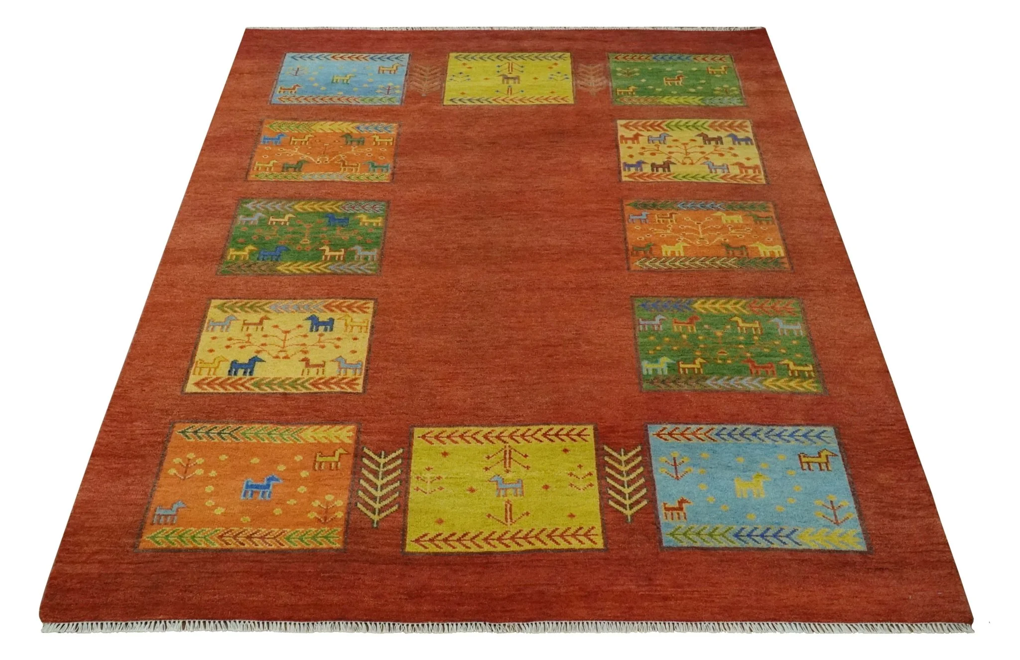Tribal Gabbeh Rust, Green, Mustard and Aqua 8x10 Hand knotted Wool Area Rug - Image 11