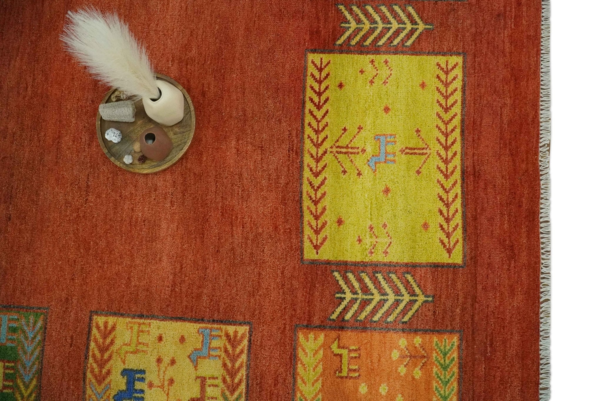 Tribal Gabbeh Rust, Green, Mustard and Aqua 8x10 Hand knotted Wool Area Rug - Image 12