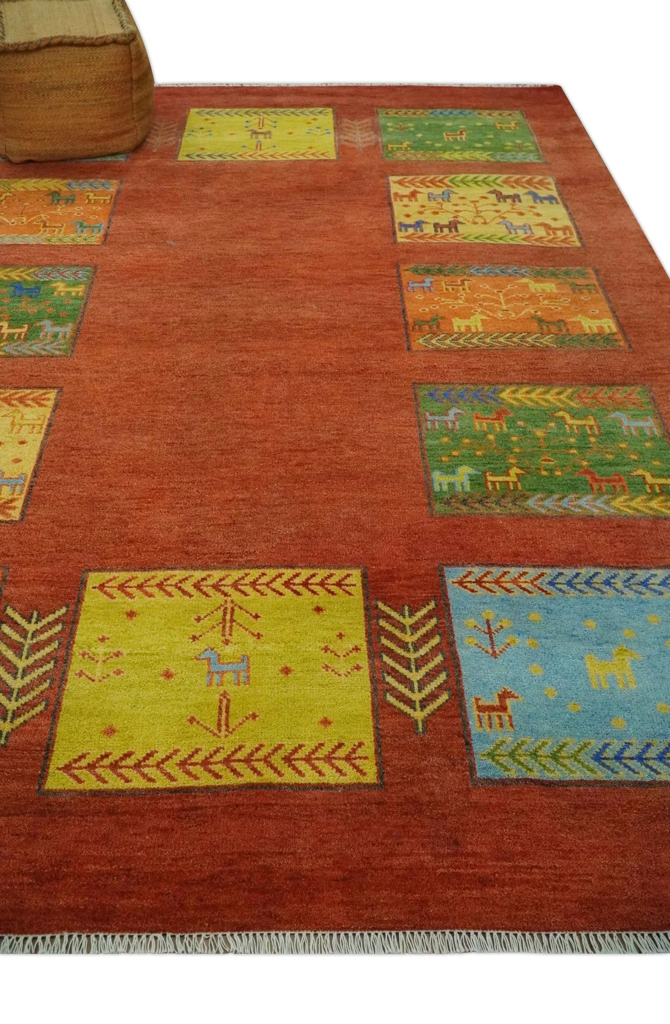 Tribal Gabbeh Rust, Green, Mustard and Aqua 8x10 Hand knotted Wool Area Rug - Image 3