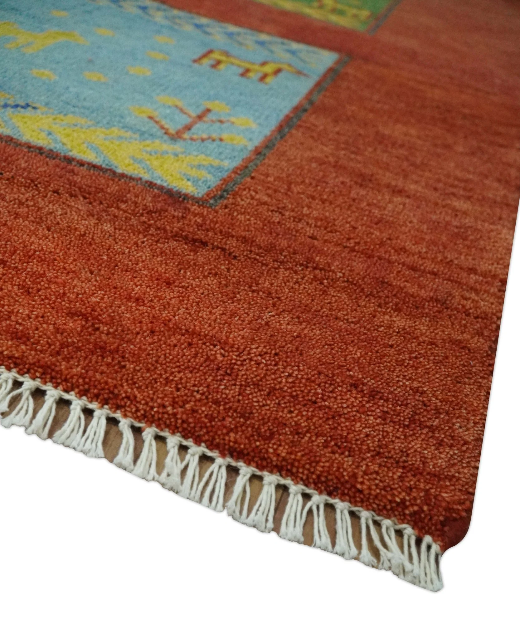Tribal Gabbeh Rust, Green, Mustard and Aqua 8x10 Hand knotted Wool Area Rug - Image 5