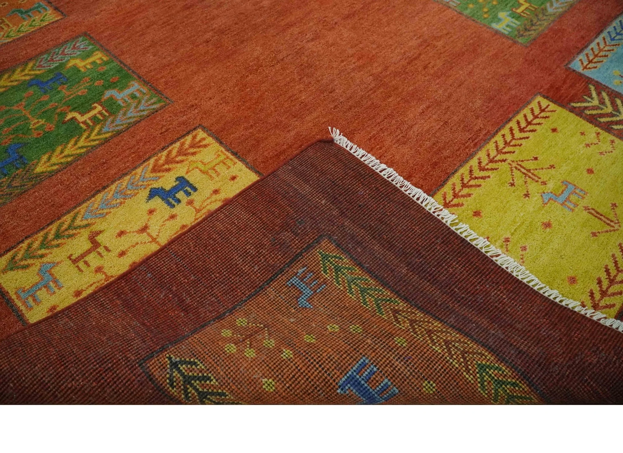 Tribal Gabbeh Rust, Green, Mustard and Aqua 8x10 Hand knotted Wool Area Rug - Image 7