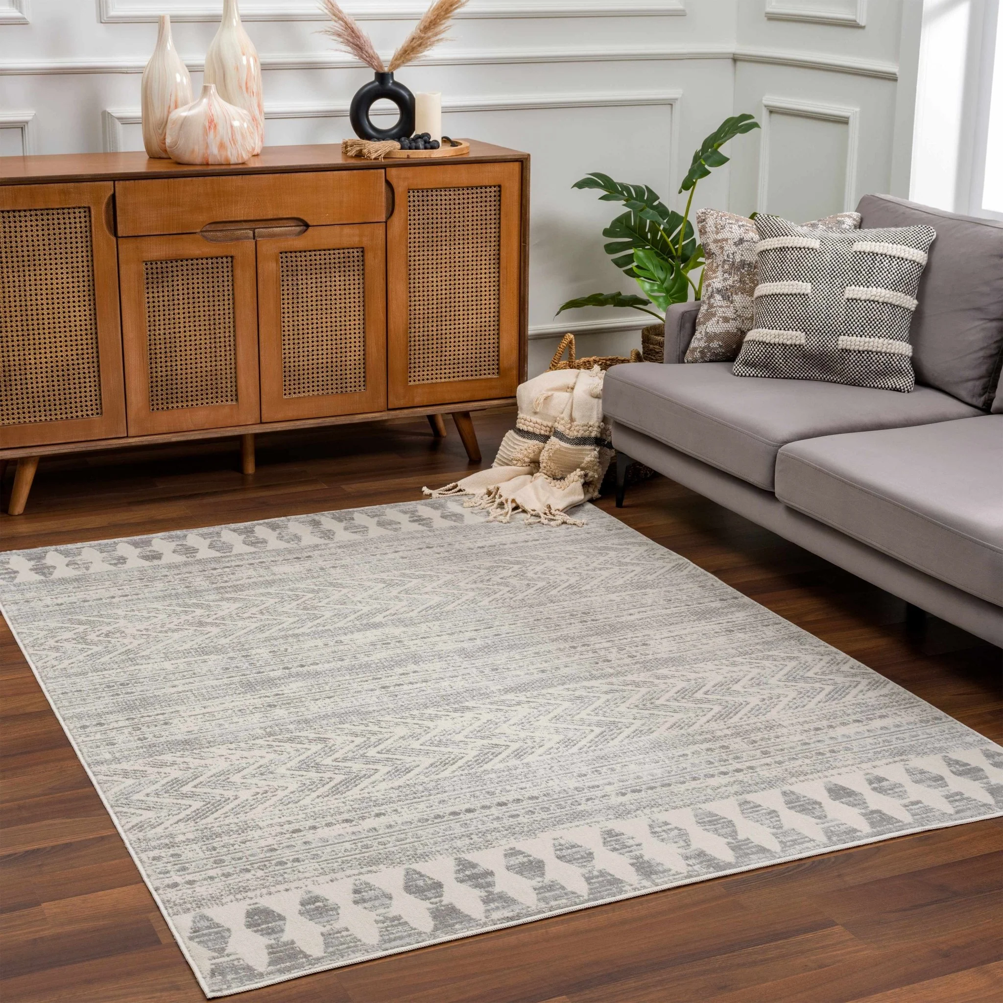 Tribal Look Beige and Charcoal Traditional Geometrical Design Rug - Image 17