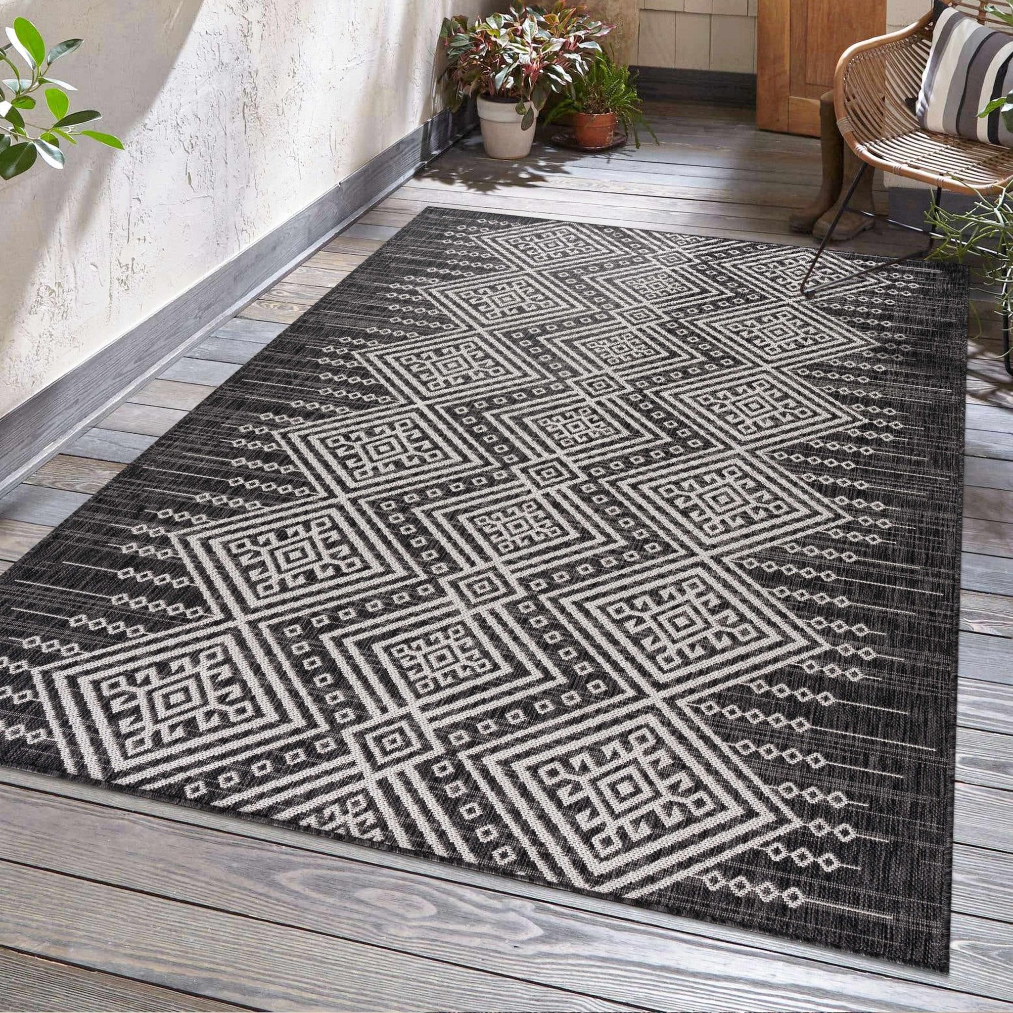 Tribal Design Charcoal And Ivory Traditional Ikat Design Outdoor Safe area Rug - Image 10