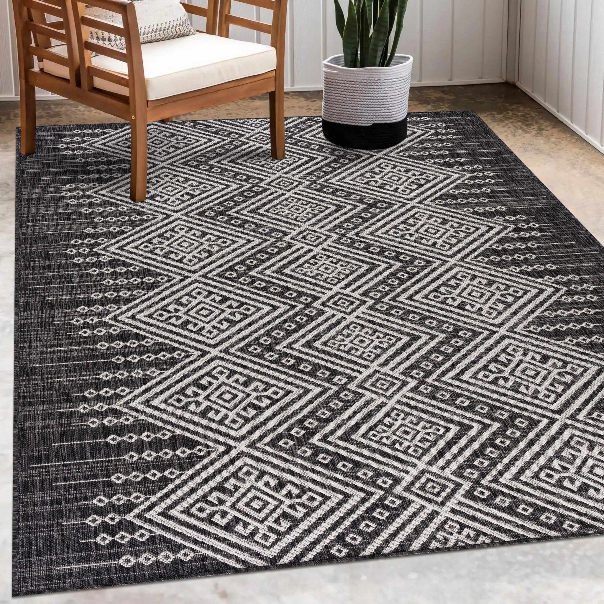 Tribal Design Charcoal And Ivory Traditional Ikat Design Outdoor Safe area Rug - Image 11