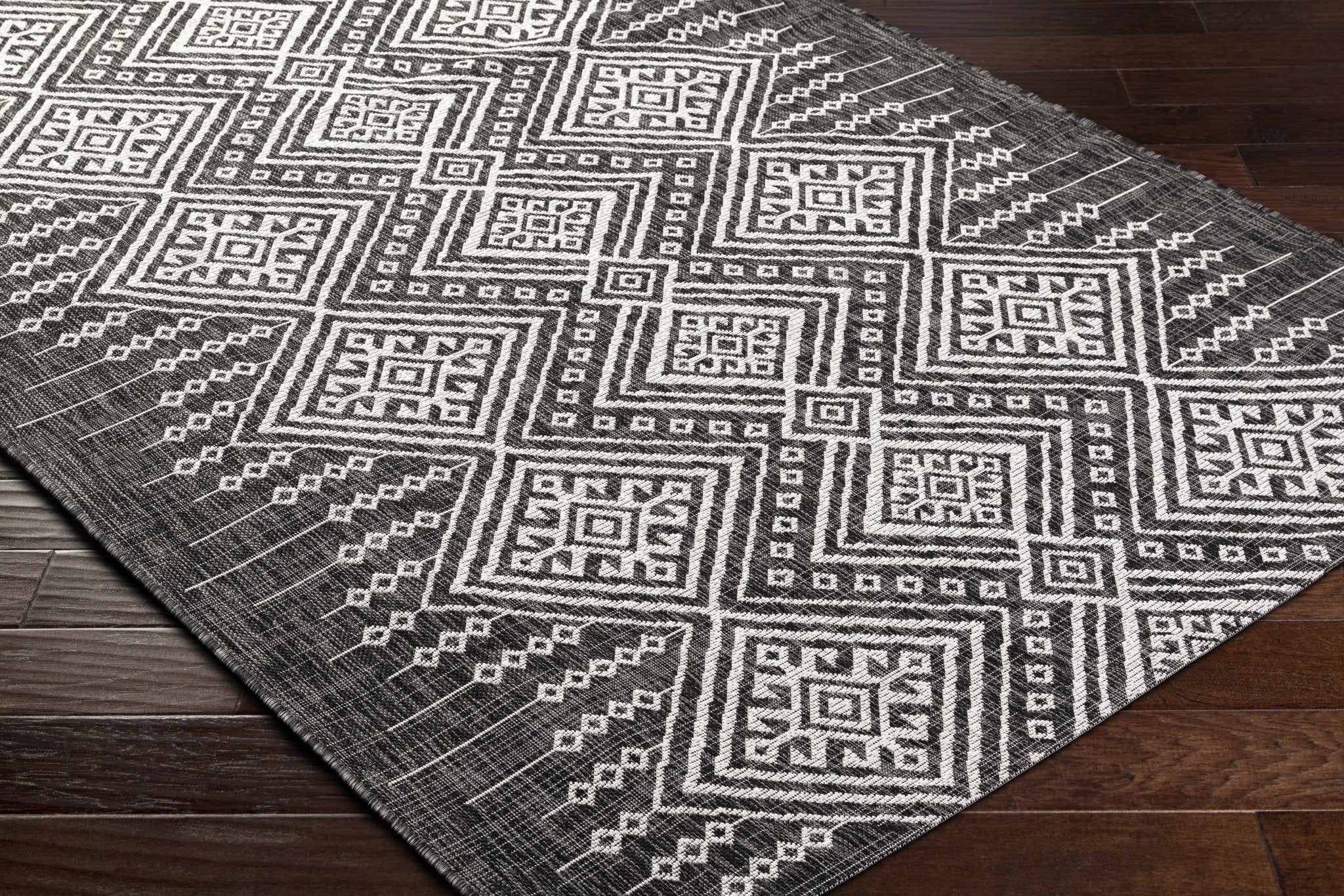 Tribal Design Charcoal And Ivory Traditional Ikat Design Outdoor Safe area Rug - Image 12