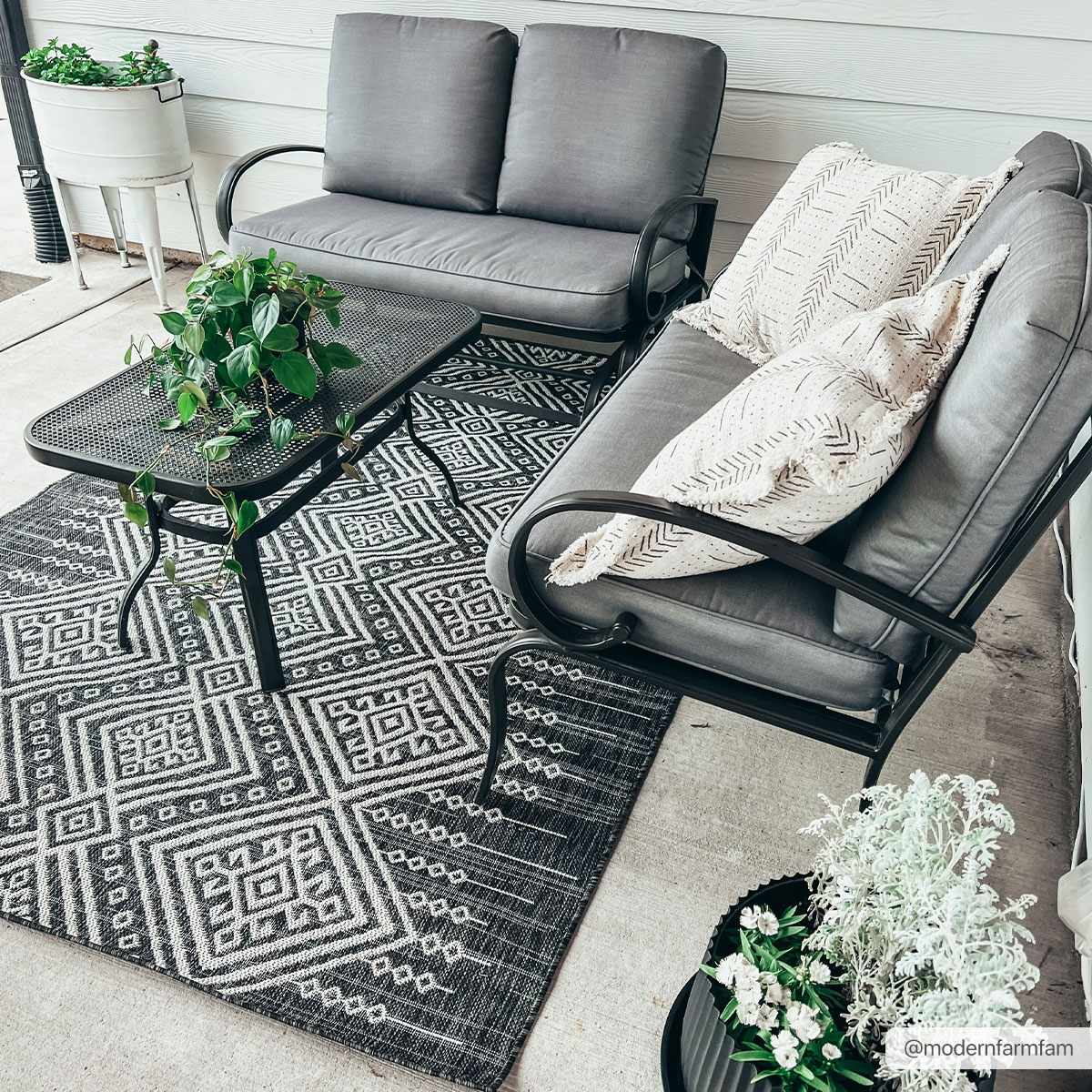 Tribal Design Charcoal And Ivory Traditional Ikat Design Outdoor Safe area Rug - Image 2