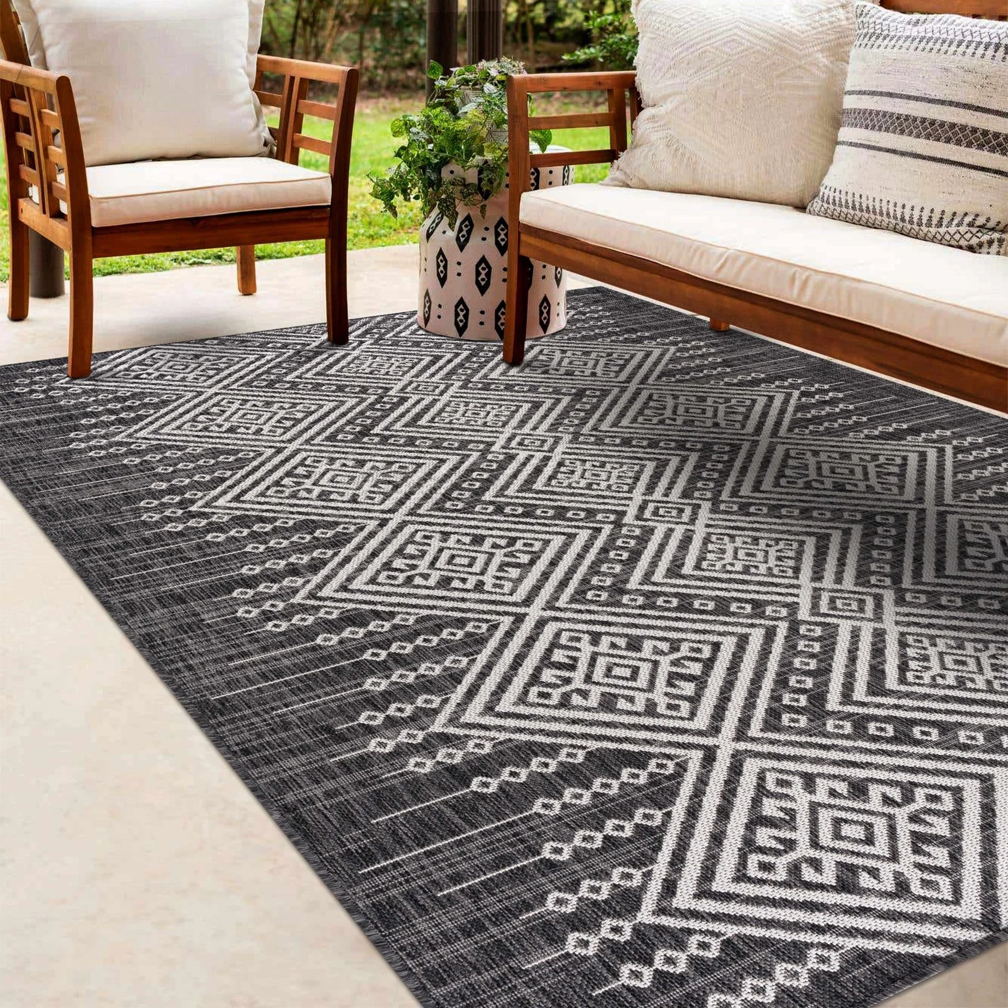 Tribal Design Charcoal And Ivory Traditional Ikat Design Outdoor Safe area Rug - Image 4