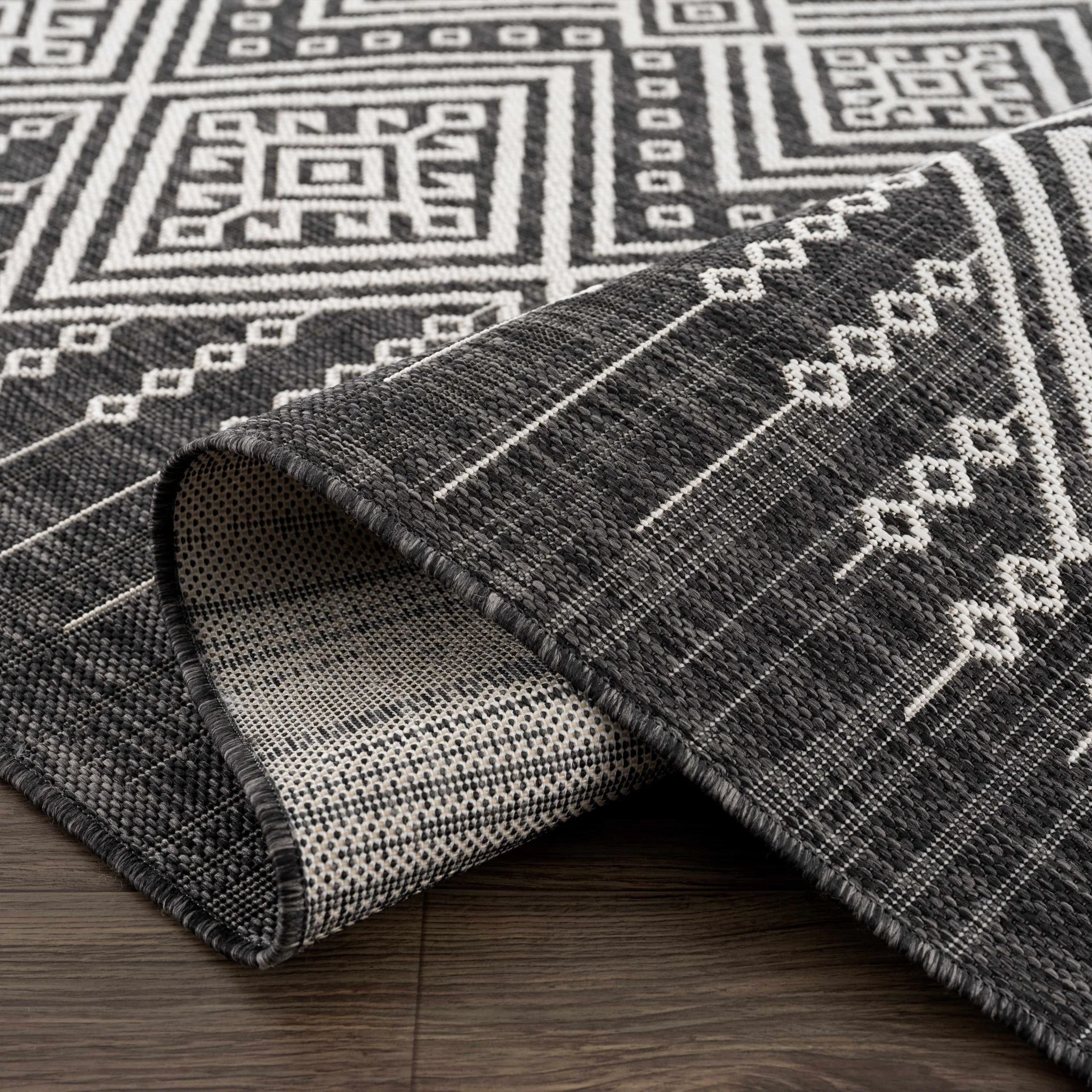 Tribal Design Charcoal And Ivory Traditional Ikat Design Outdoor Safe area Rug - Image 5